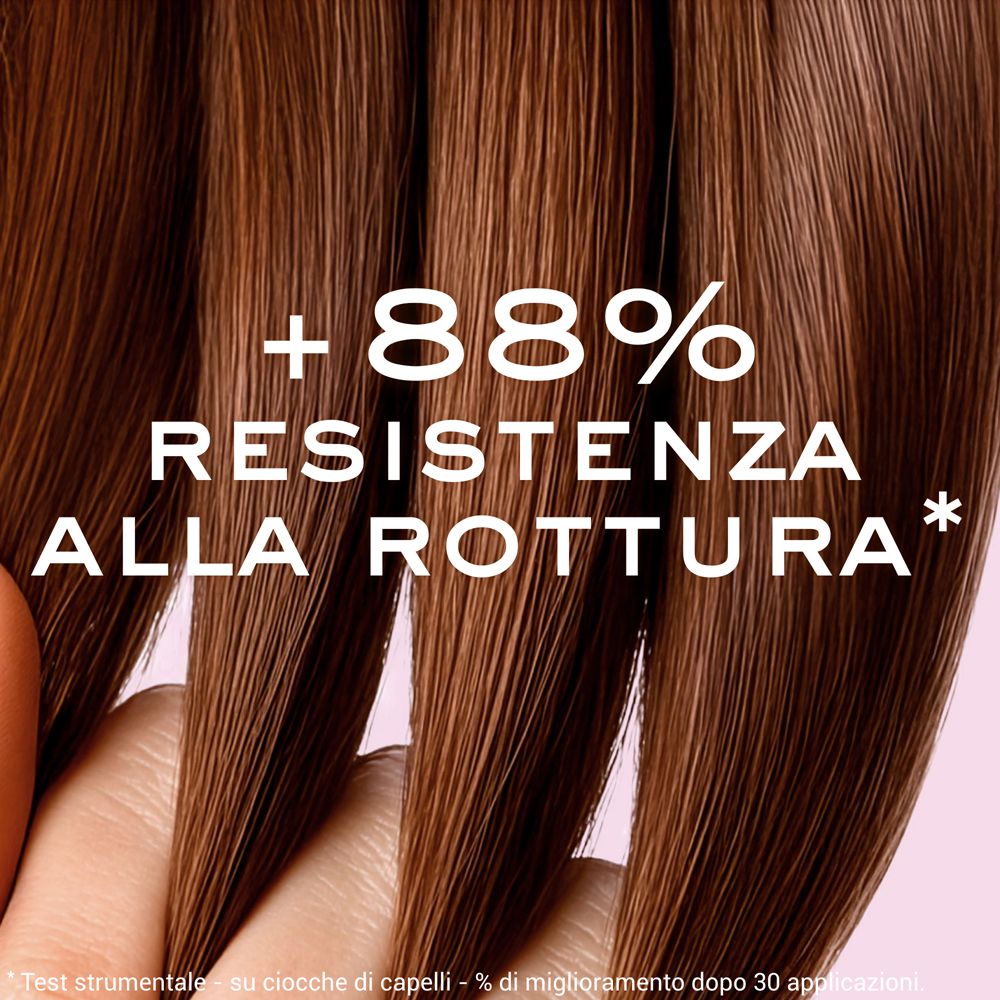 Capelli castani con testo: +88% RESISTENZA ALLA ROTTURA. In piccolo: Test strumentale...alla rottura.