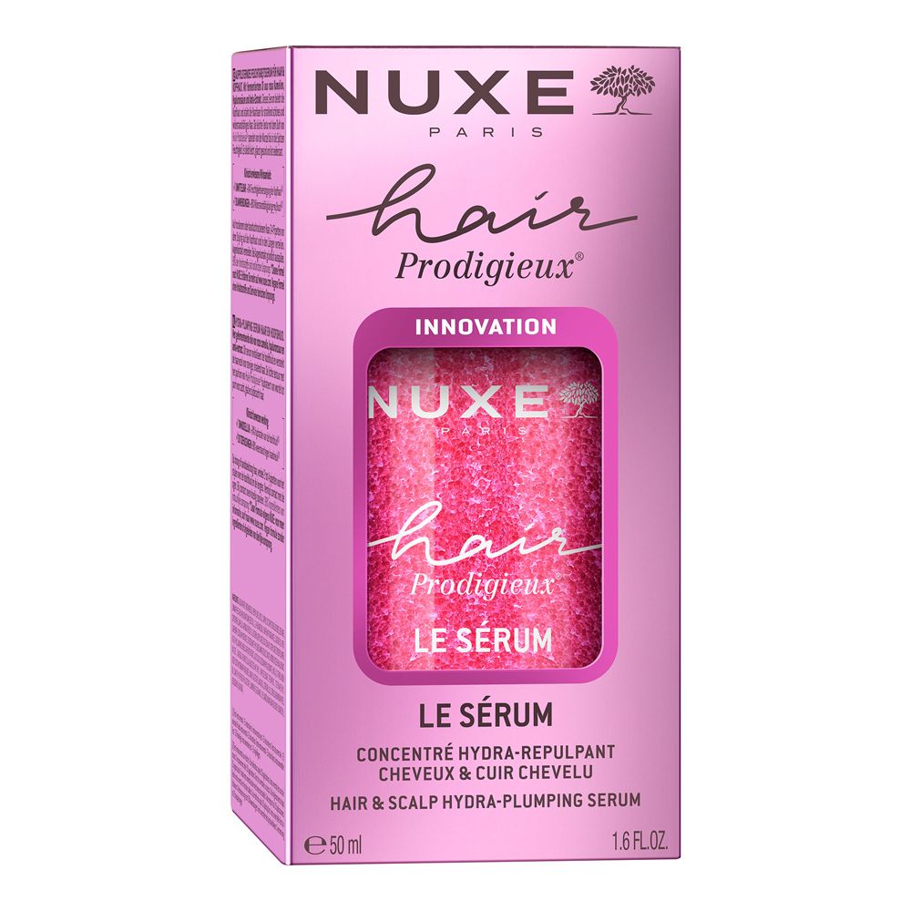 Scatola rosa con flacone del prodotto. Scritta: Nuxe Paris, Hair Prodigieux Le Sérum, 50ml.