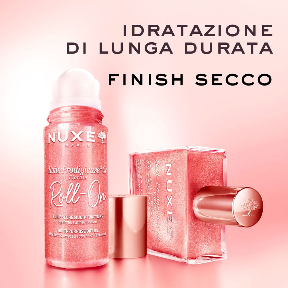 Nuxe Huile Prodigieuse Or Florale Roll-On e flacone. Rosa e dorato. Testo.