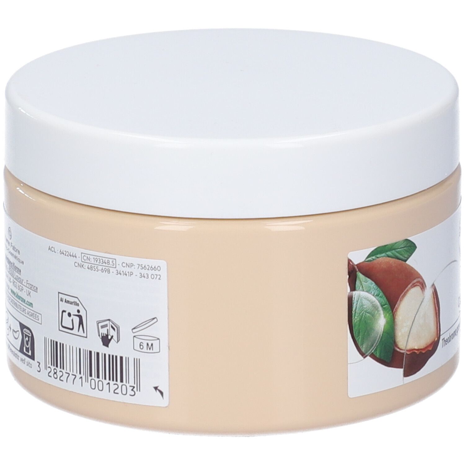 Vaso beige con coperchio bianco. Etichetta con codice a barre, informazioni e illustrazione di cupuaçu. Simbolo 6M.