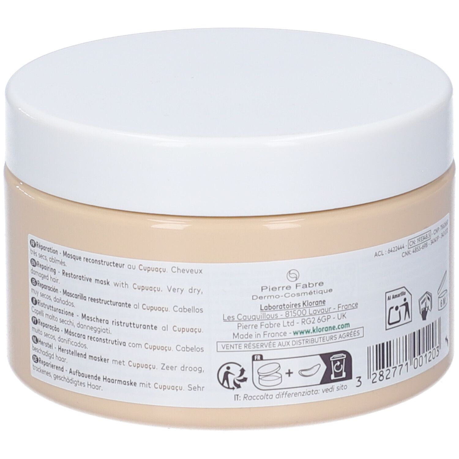 Vaso beige con coperchio bianco. Testo multilingue. Logo Pierre Fabre. Codice a barre.