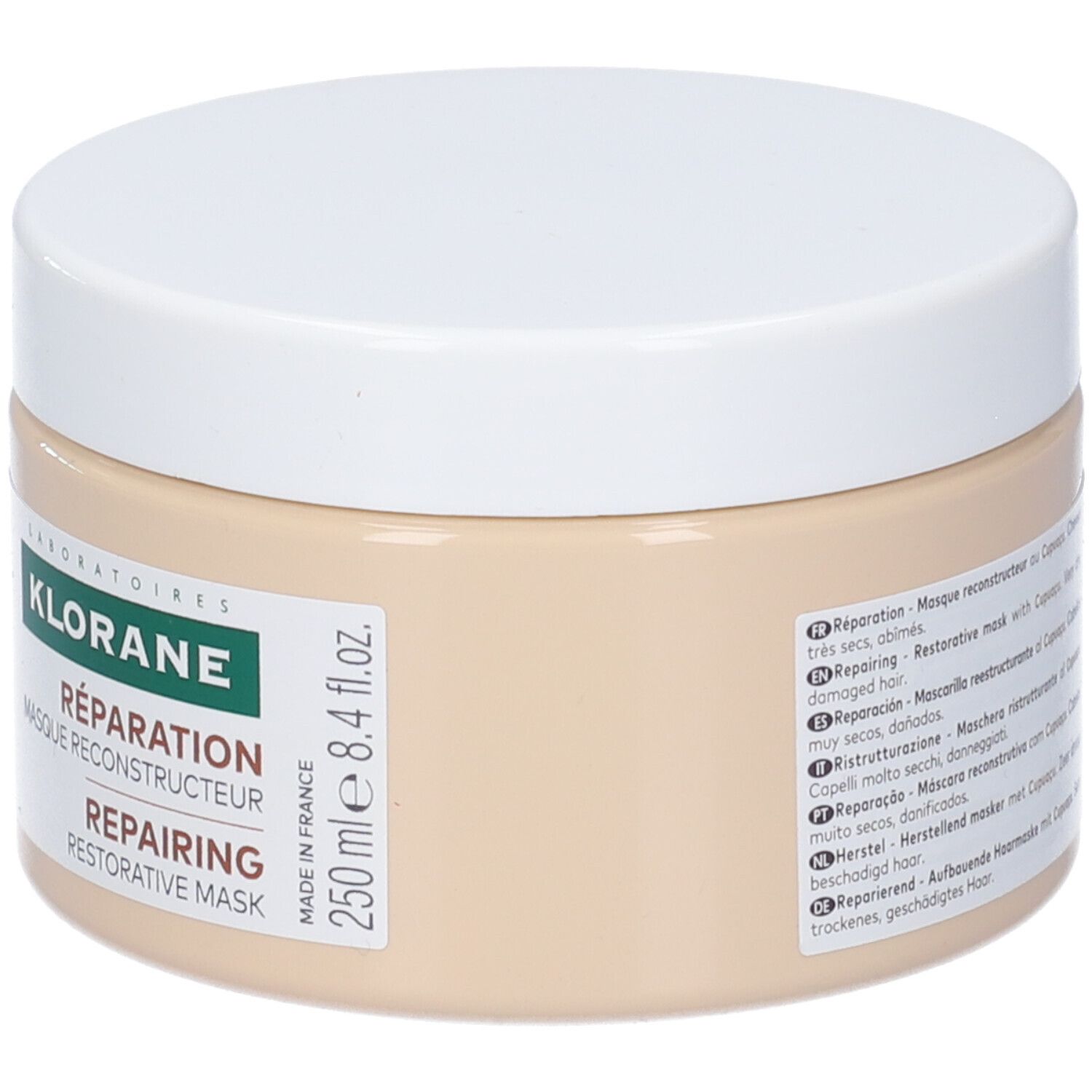 Vaso beige con coperchio bianco. Logo Klorane e nome del prodotto. 250 ml. Testo multilingue.