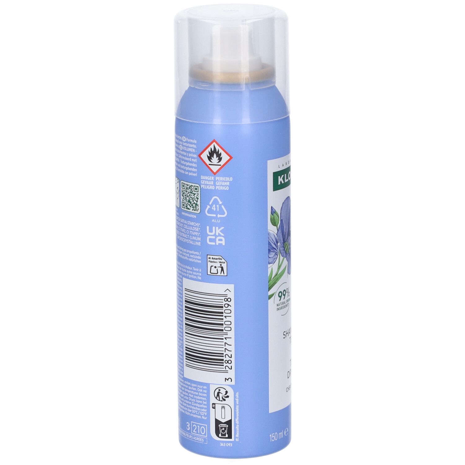 Retro del flacone spray blu chiaro. Codice a barre, avvertenze e codice QR. Logo Klorane e informazioni sul prodotto.