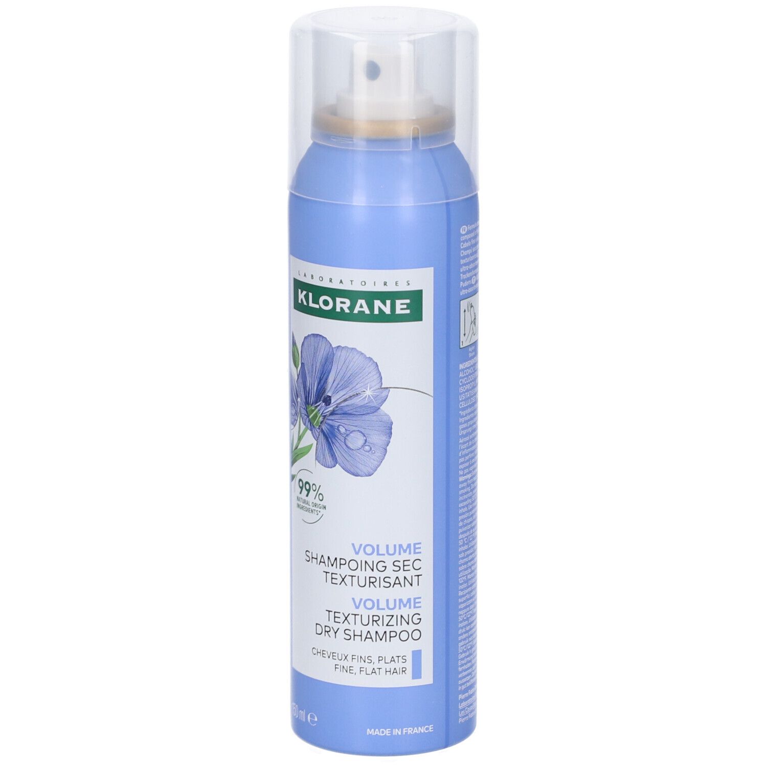 Flacone spray blu chiaro con logo Klorane e motivo floreale. Testo: Volume, Shampoo Secco Texturizzante. Tappo trasparente.