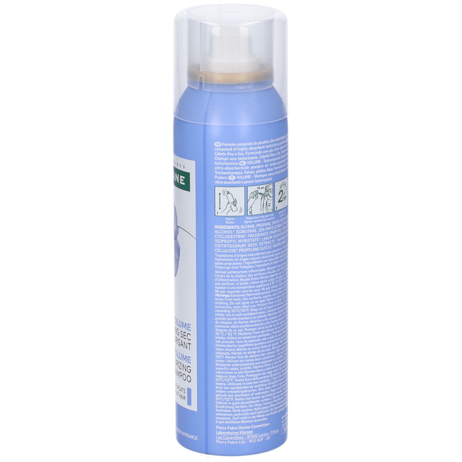 Lato del flacone spray blu chiaro. Testo, pittogrammi e codice a barre. Logo Klorane e informazioni sul prodotto.