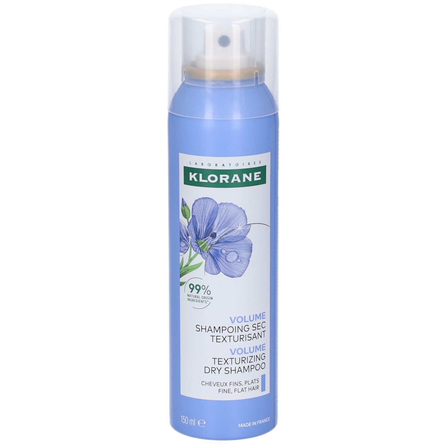Flacone spray blu chiaro con logo Klorane e motivo floreale. Testo: Volume, Shampoo Secco Texturizzante. Tappo trasparente.