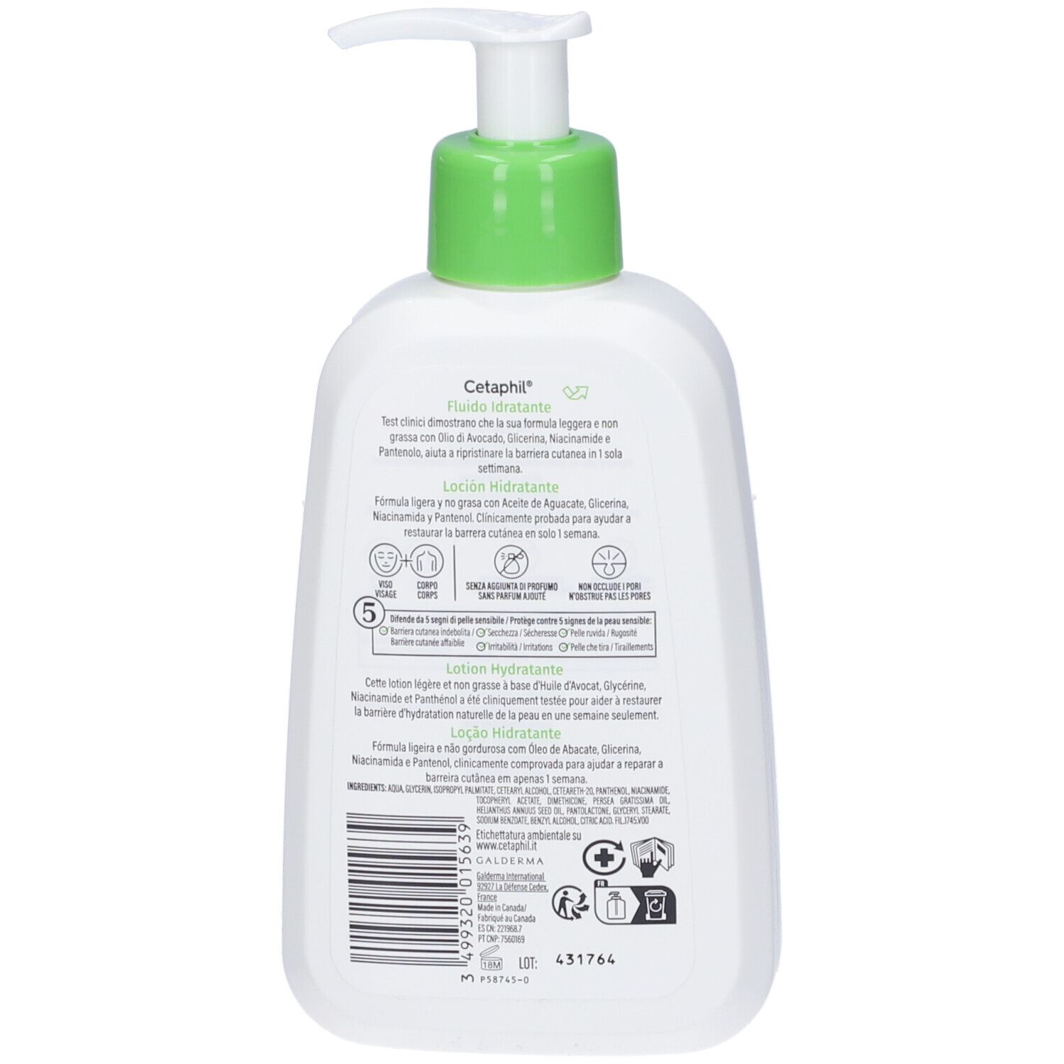 Retro della lozione Cetaphil: ingredienti, sigilli e codice a barre.