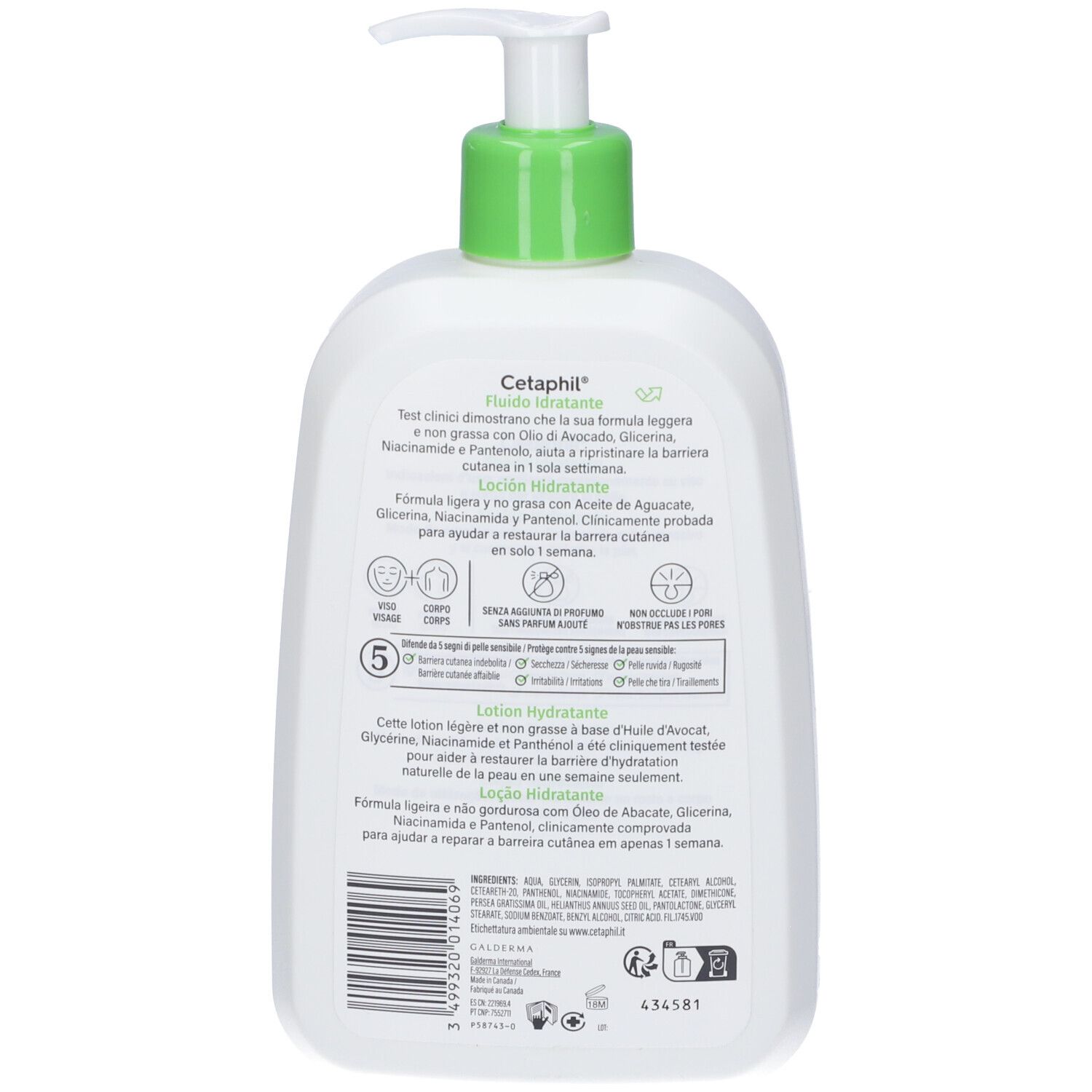 Retro del flacone Cetaphil Fluido Idratante con ingredienti e istruzioni.
