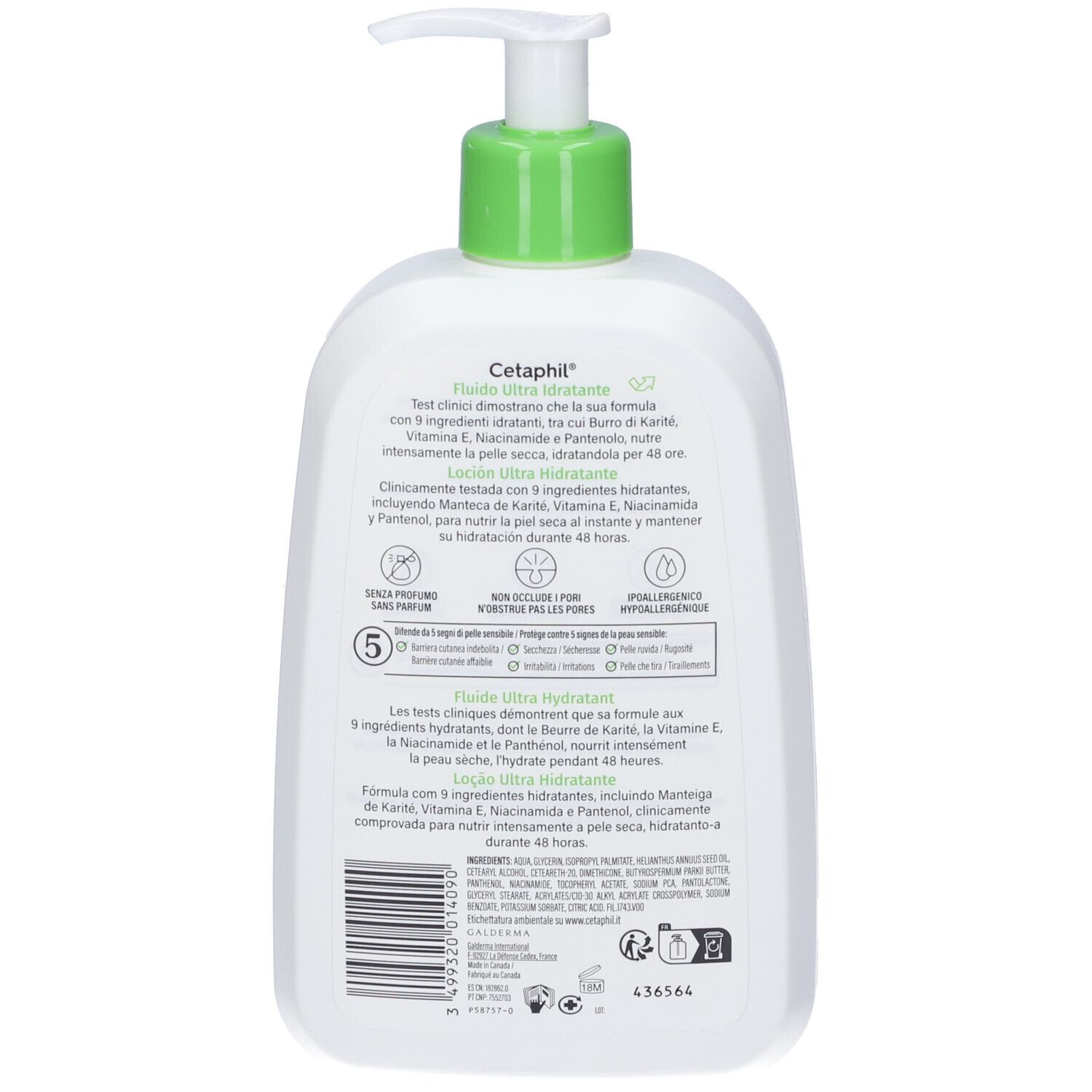 Retro del flacone bianco con erogatore verde. Scritta Cetaphil. Testo multilingue e pittogrammi.