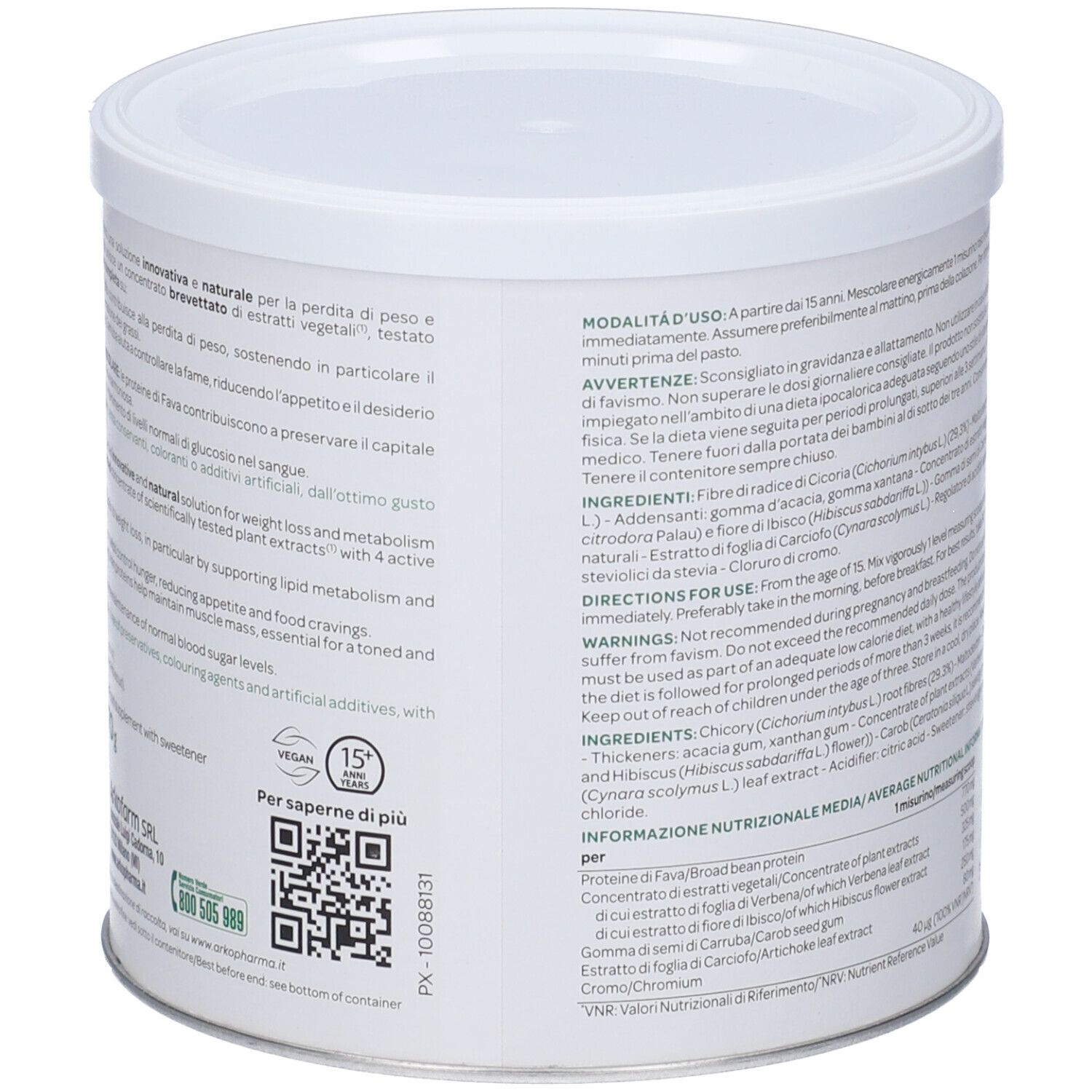 Vista laterale del barattolo Arkoslim Expert con dettagli su ingredienti, sigillo vegano e garanzia di 15 anni.