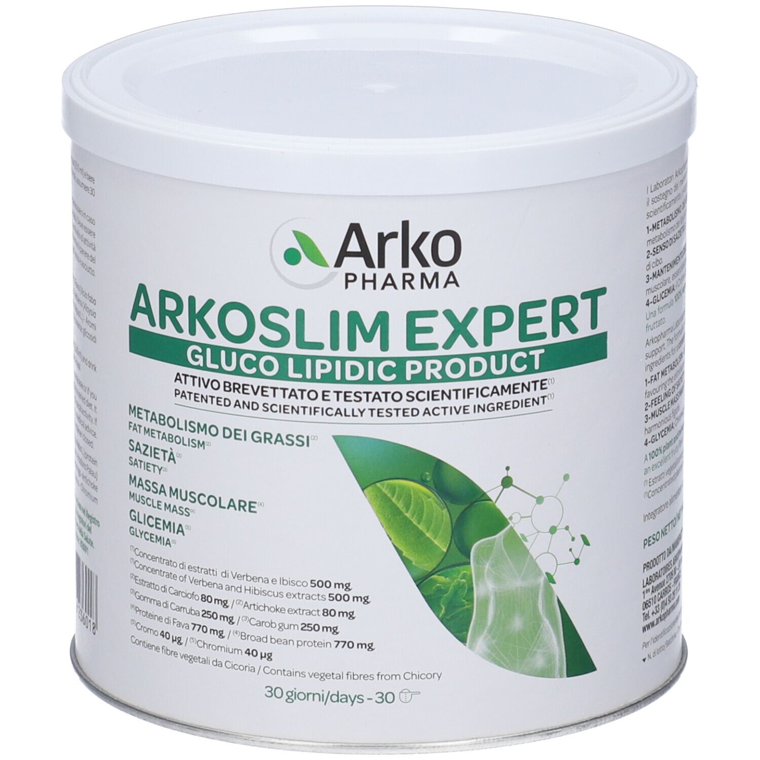 Arkoslim Expert Gluco Lipidic Product Polvere in barattolo bianco, vista frontale con elementi grafici verdi.
