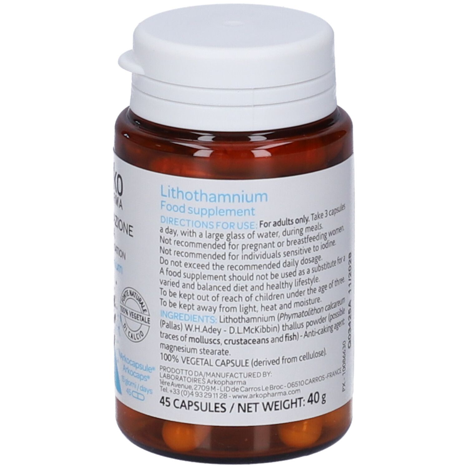 Barattolo Arkopharma Lithothamnium con istruzioni e ingredienti.
