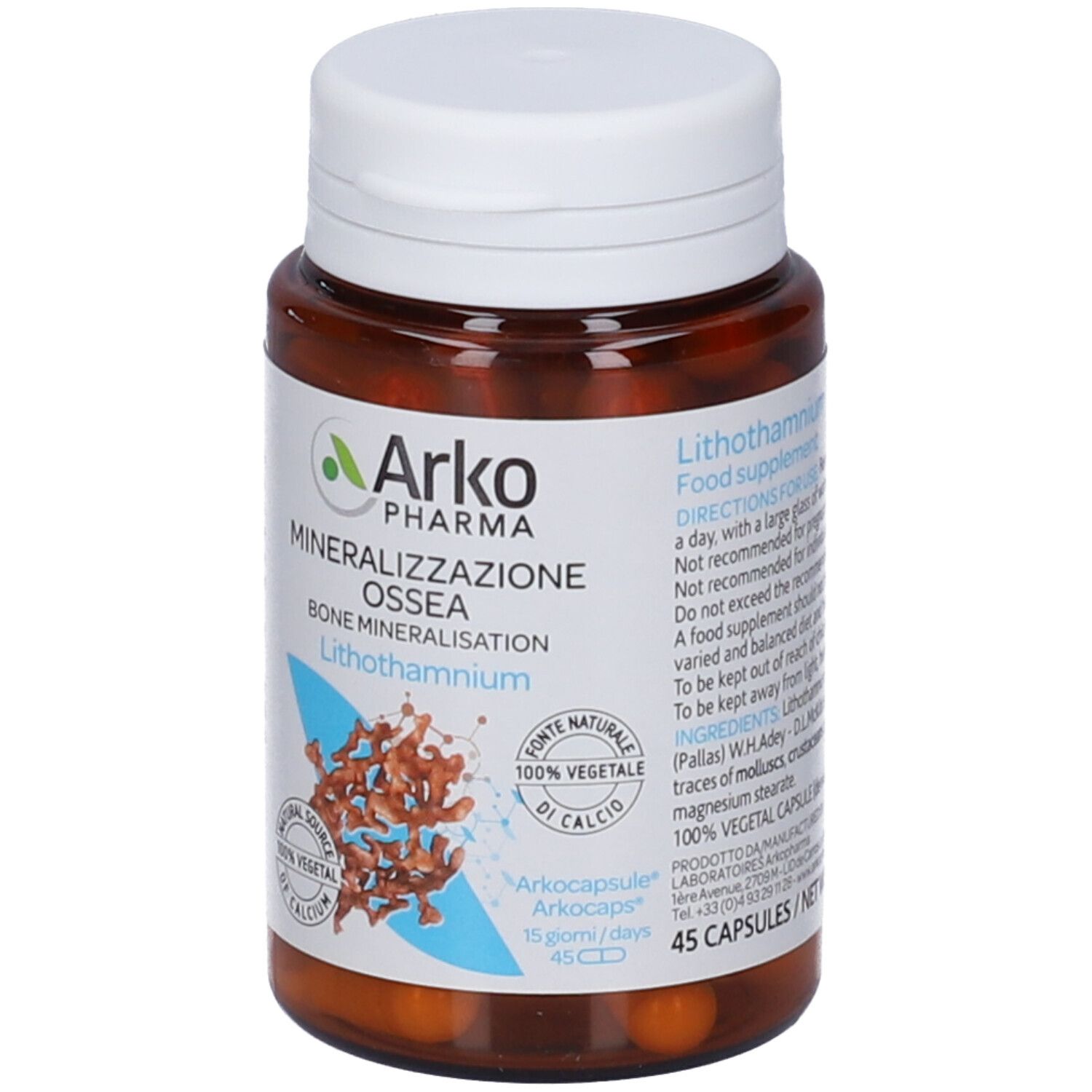 Barattolo da 45 capsule Arkopharma Lithothamnium, vista frontale.