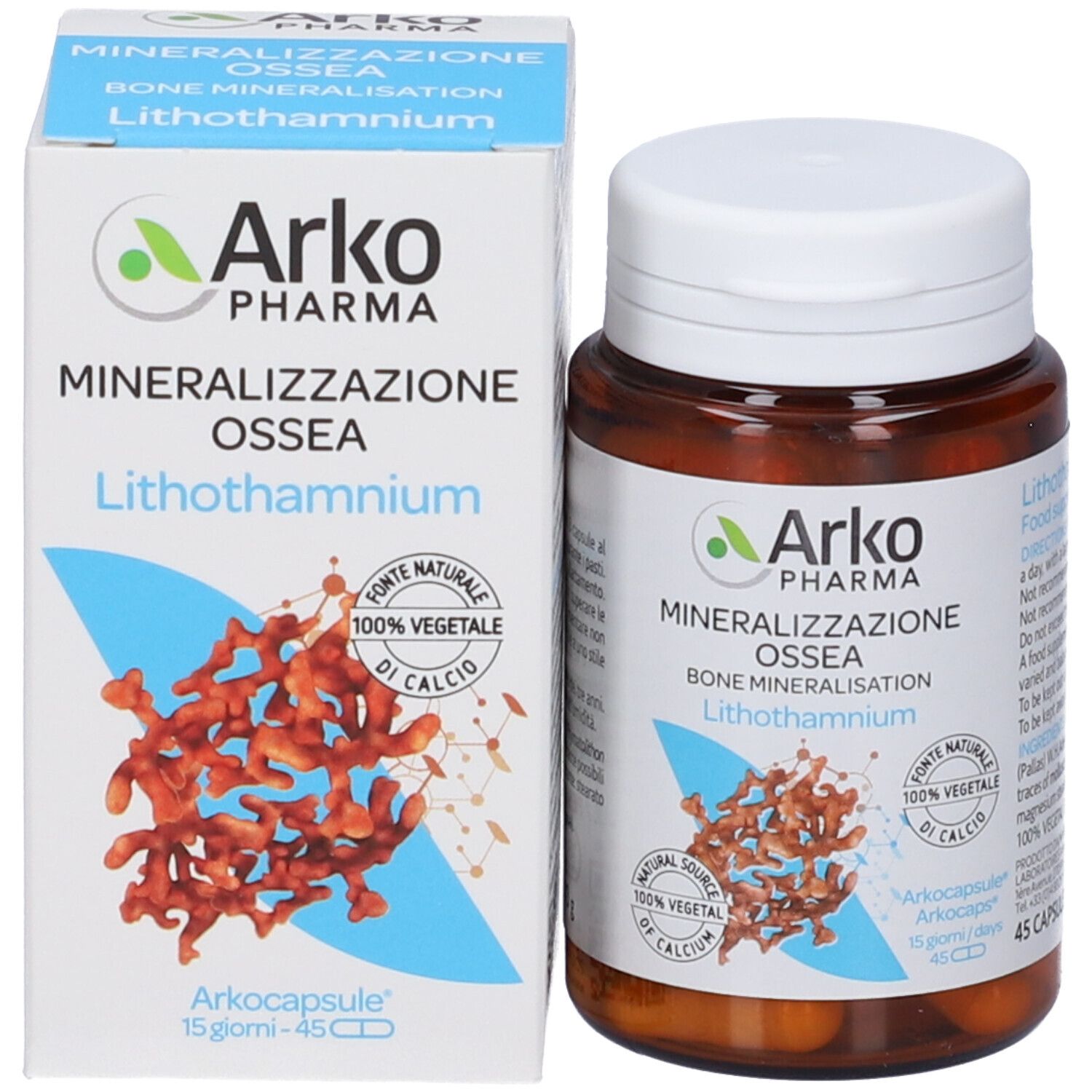 Barattolo e scatola di 45 capsule Arkopharma Lithothamnium.