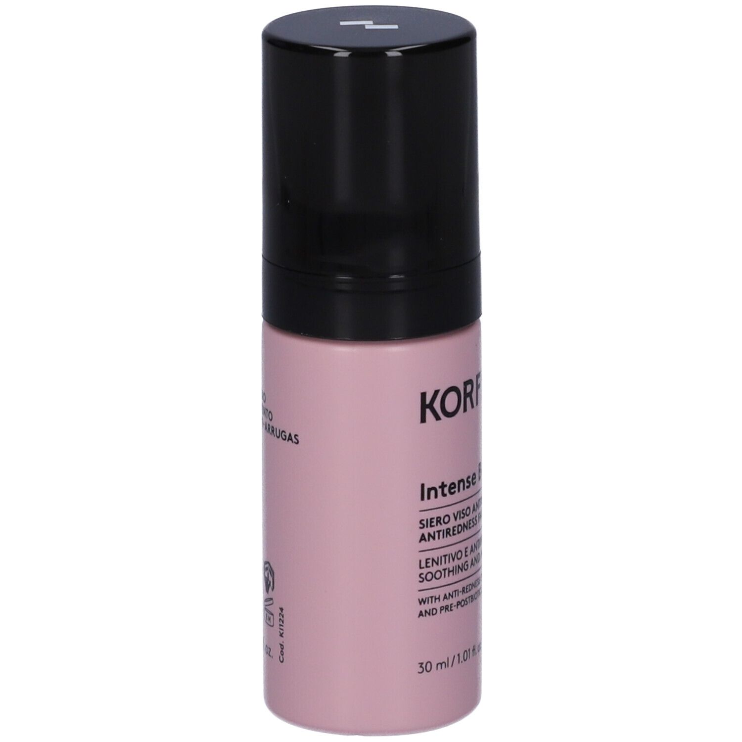 Flacone rosa con tappo nero. Scritta: KORFF, Intense Barrier AR, siero. 30 ml.