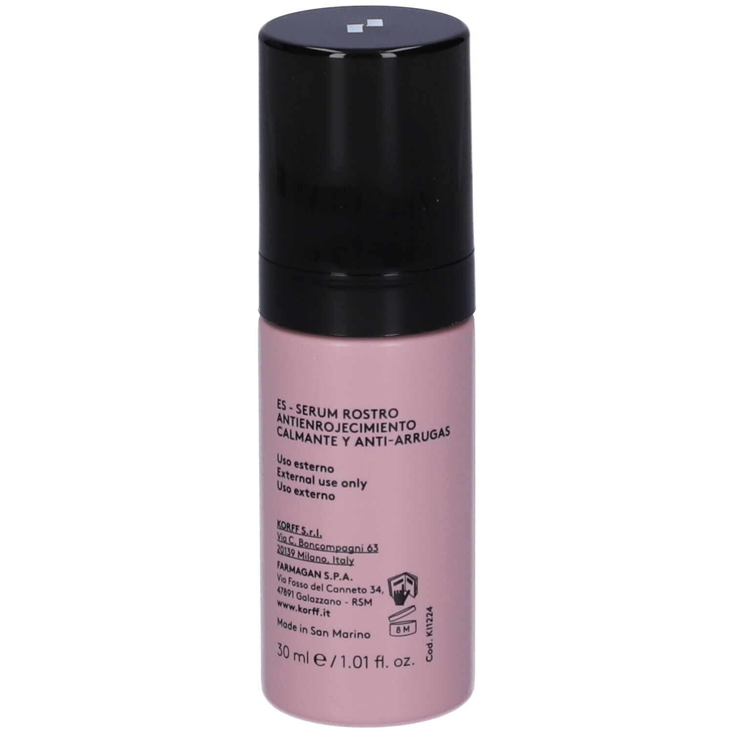 Flacone rosa con tappo nero. Scritta: KORFF, siero, 30 ml. Testo sul retro.