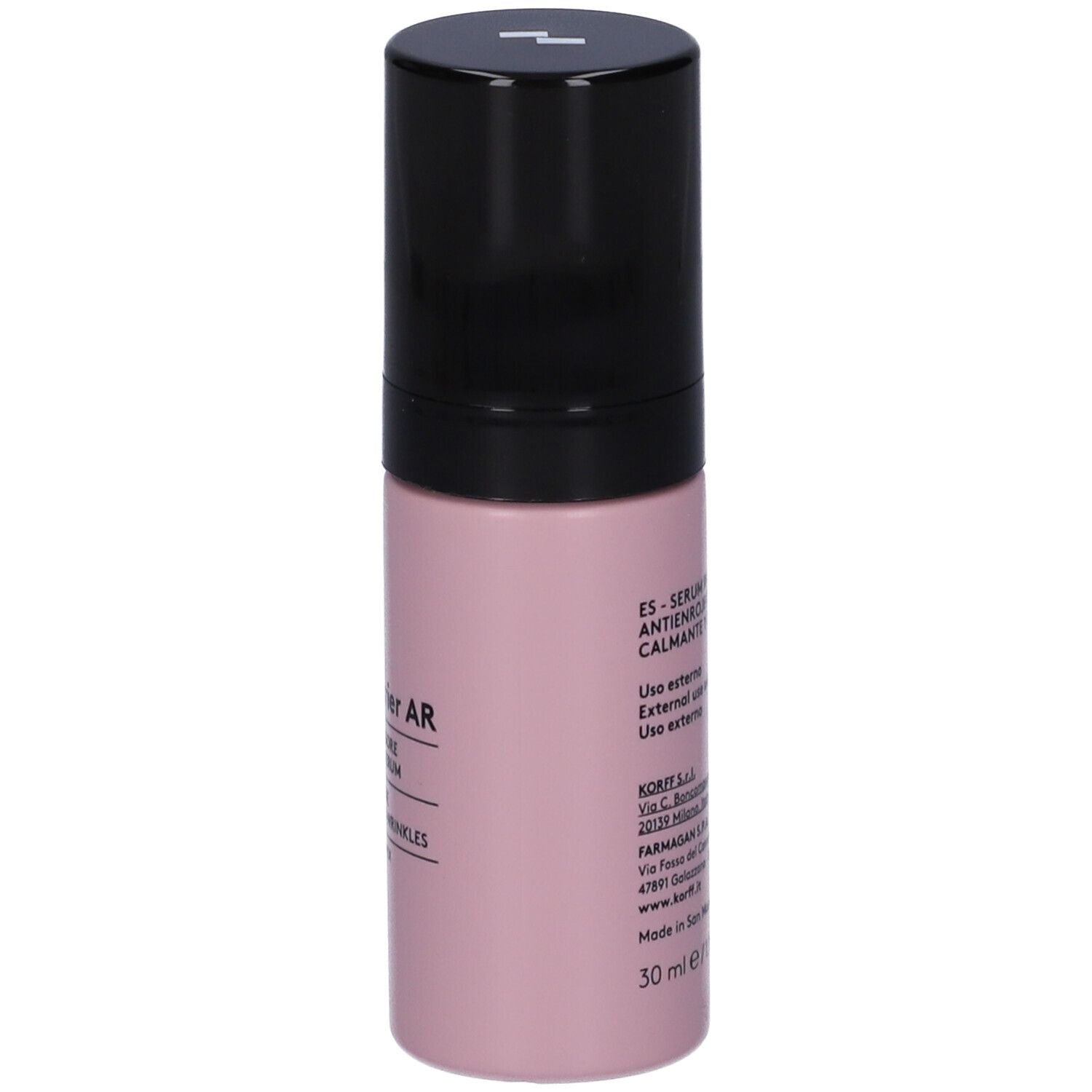 Flacone rosa con tappo nero. Scritta: KORFF, siero, 30 ml. Testo sul retro.