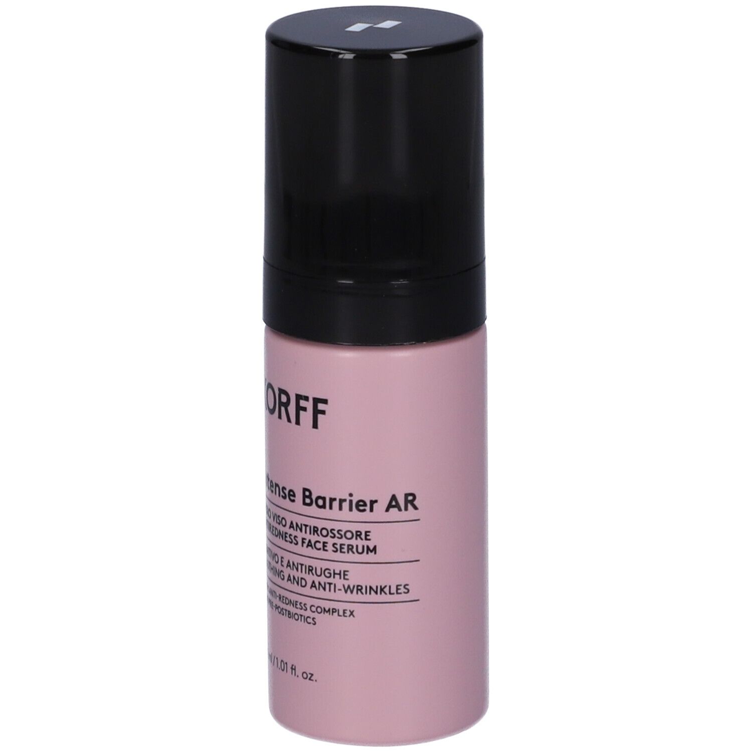 Flacone rosa con tappo nero. Scritta: KORFF, Intense Barrier AR, siero. 30 ml.