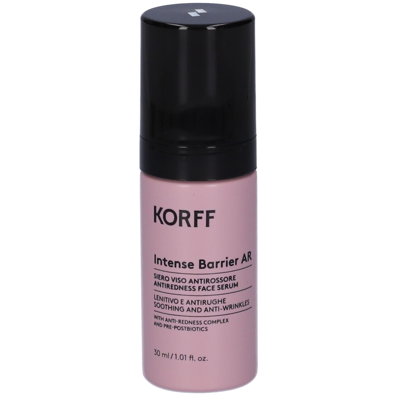 Flacone rosa con tappo nero. Scritta: KORFF, Intense Barrier AR, siero. 30 ml.