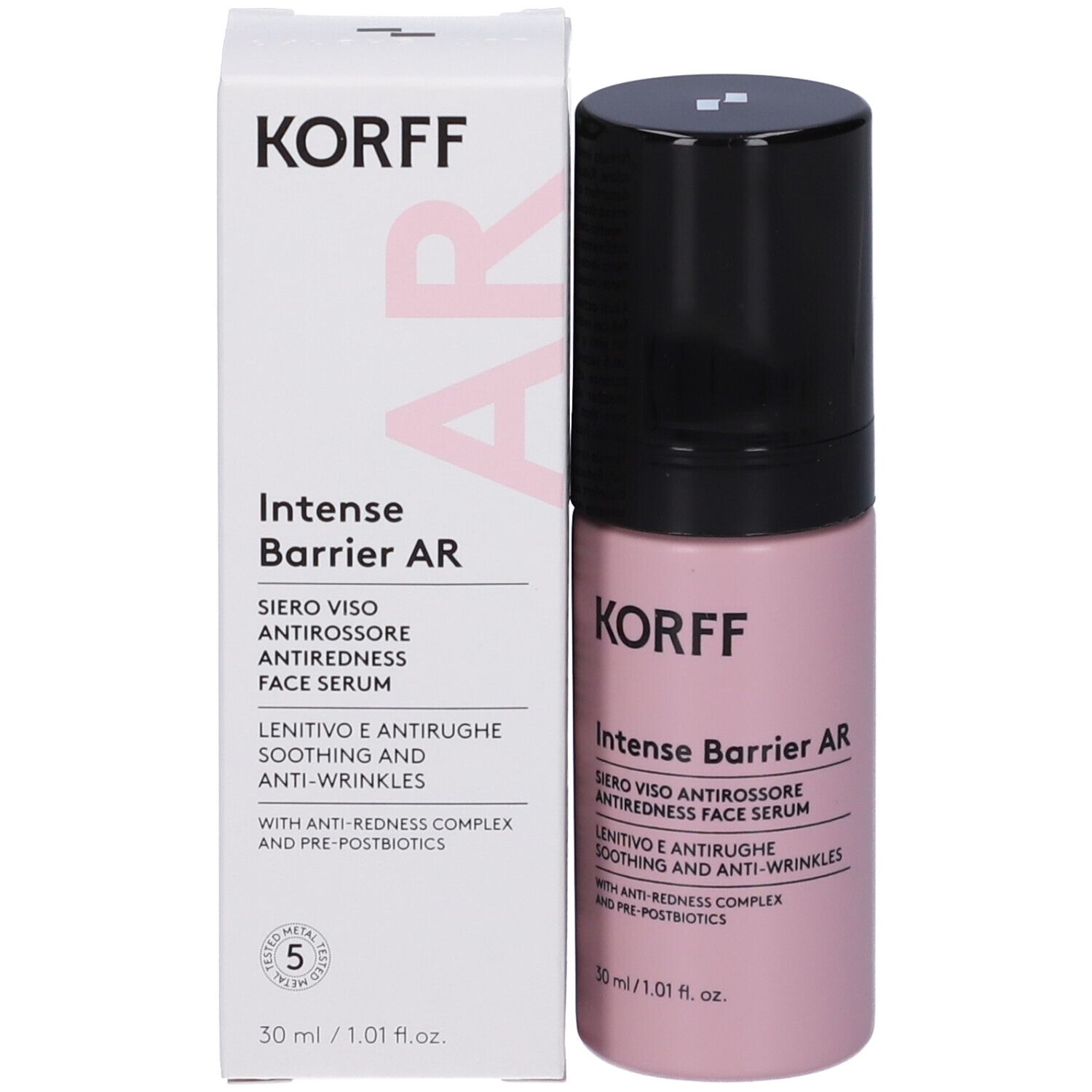 Prodotto e confezione. Flacone rosa con tappo nero e scatola. Scritta: KORFF, Intense Barrier AR.