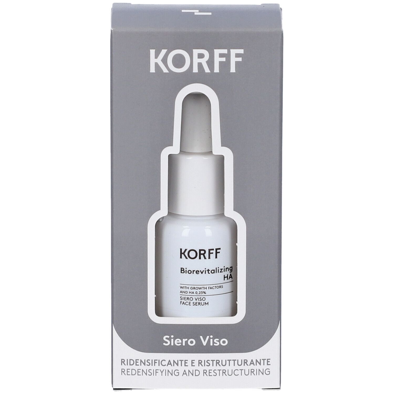 Scatola grigia con logo Korff e immagine del prodotto. Visibile: flacone con pipetta, nome del prodotto e testo.