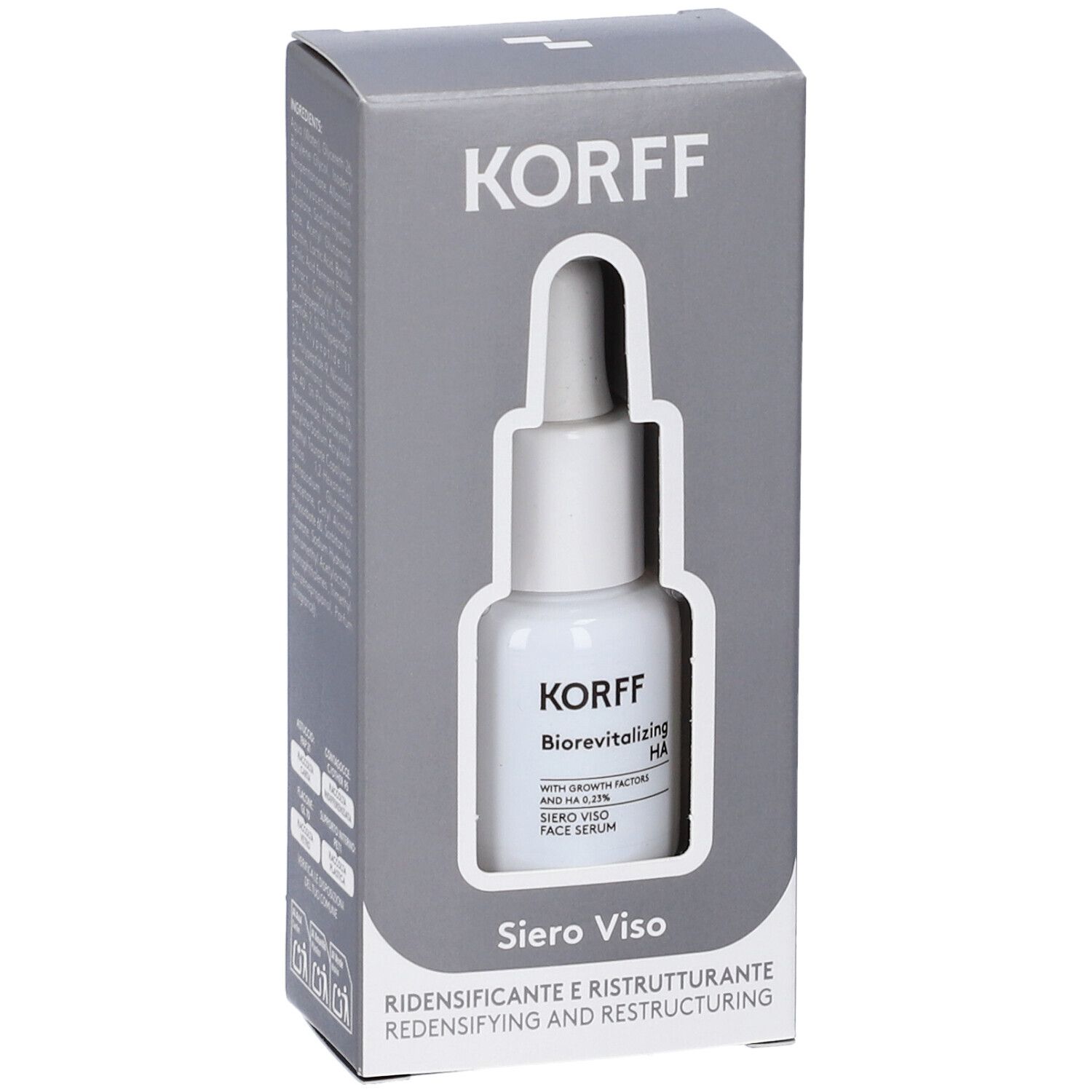 Scatola grigia con logo Korff e immagine del prodotto. Visibile: flacone con pipetta, nome del prodotto e testo.