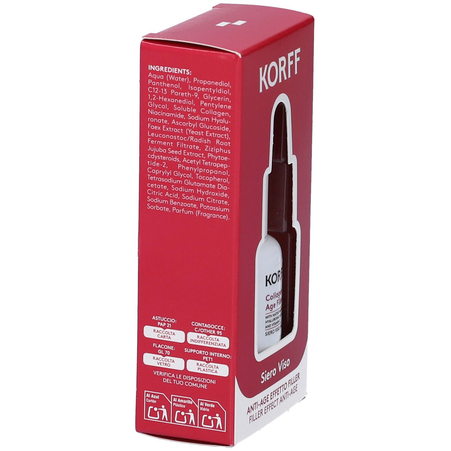 Korff Siero Viso Collagen Age Filler Minisize. Confezione rossa, elenco ingredienti e informazioni stampate.