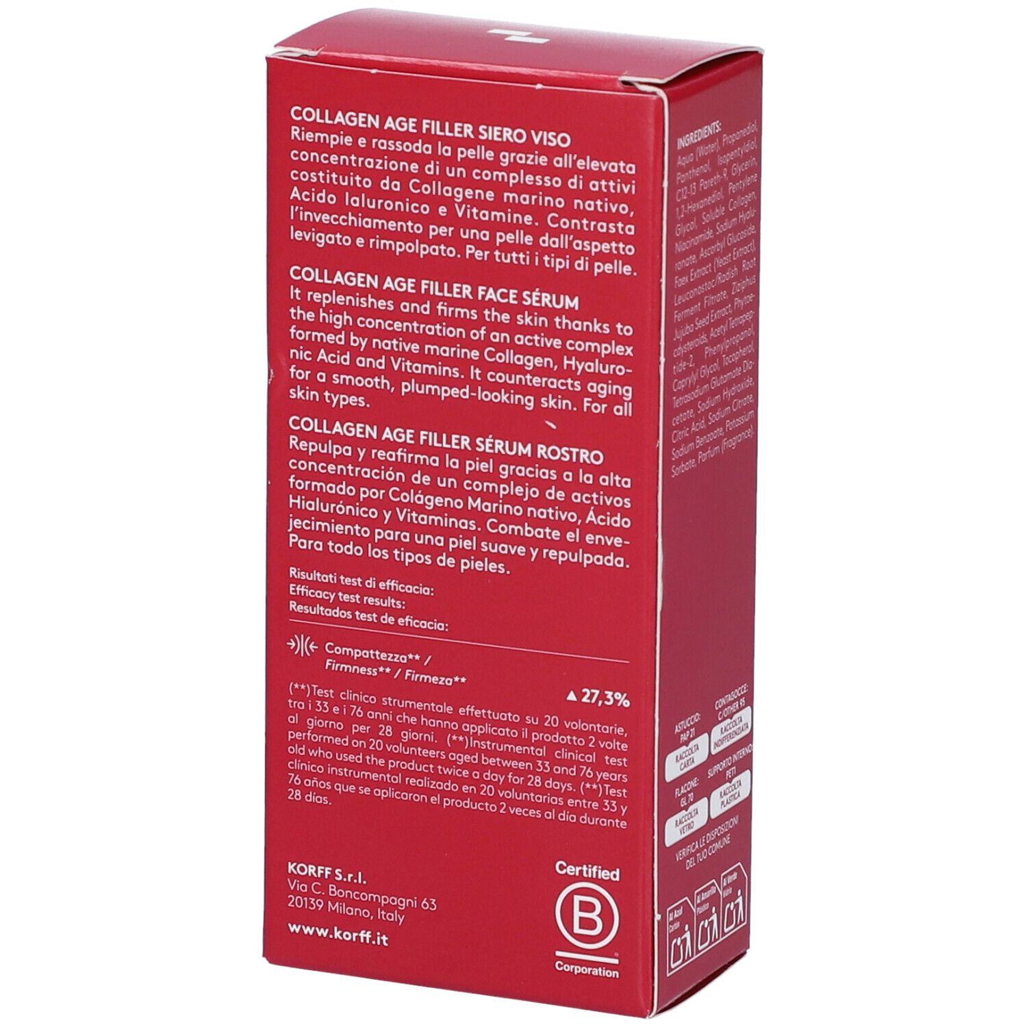 Korff Siero Viso Collagen Age Filler Minisize. Confezione rossa, descrizione del prodotto in italiano e inglese.
