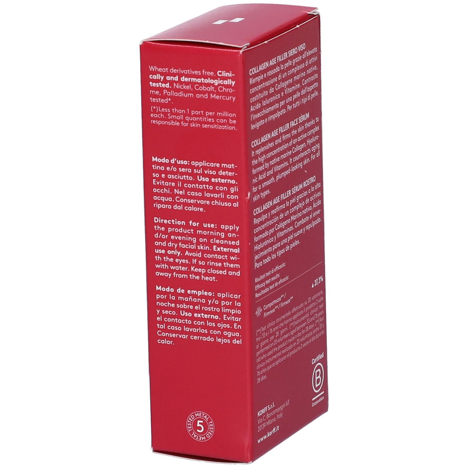Korff Siero Viso Collagen Age Filler Minisize. Confezione rossa, informazioni sul prodotto e istruzioni per l'uso.