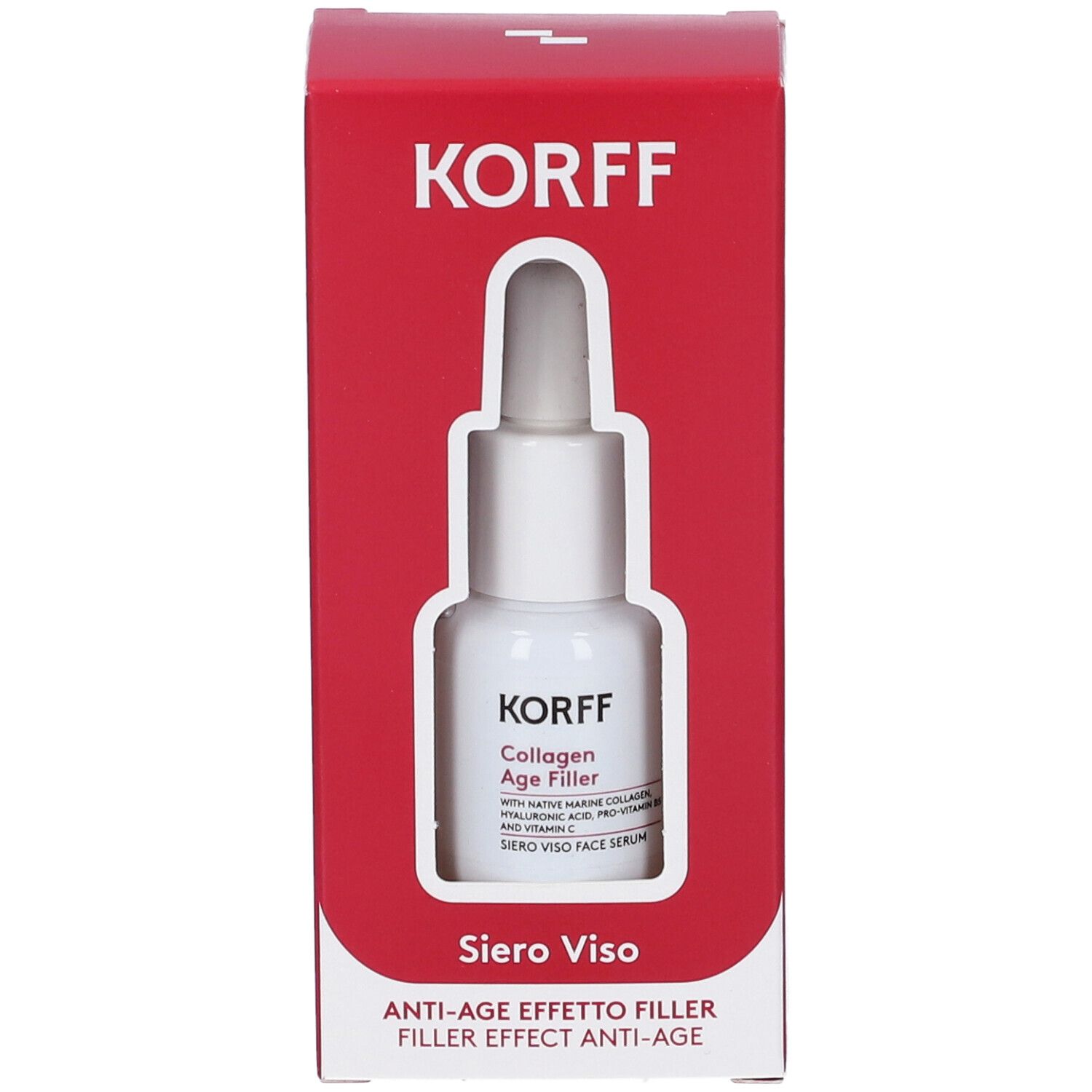 Korff Siero Viso Collagen Age Filler Minisize. Flacone con contagocce in confezione rossa. Nome del prodotto e logo visibili.