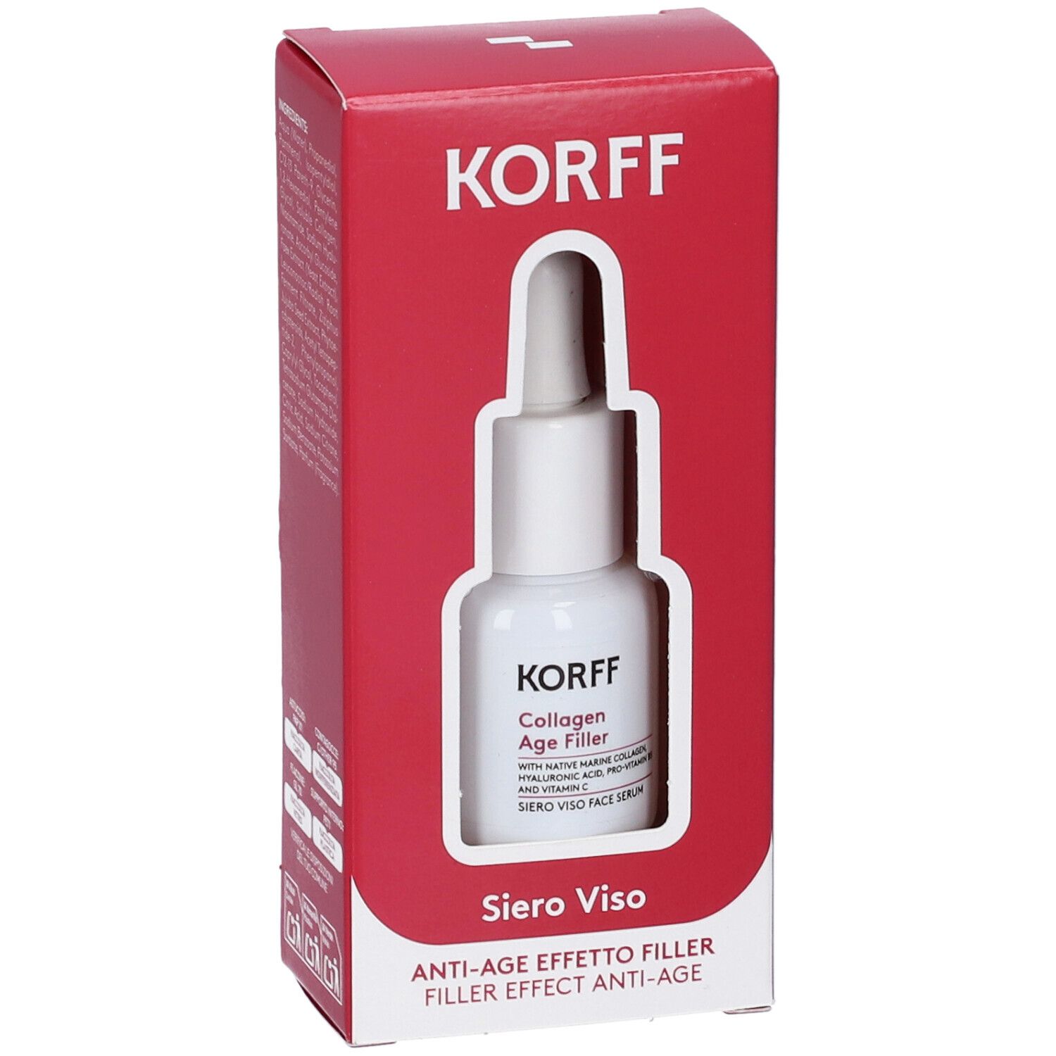 Korff Siero Viso Collagen Age Filler Minisize. Flacone con contagocce in confezione rossa. Nome del prodotto e logo visibili.