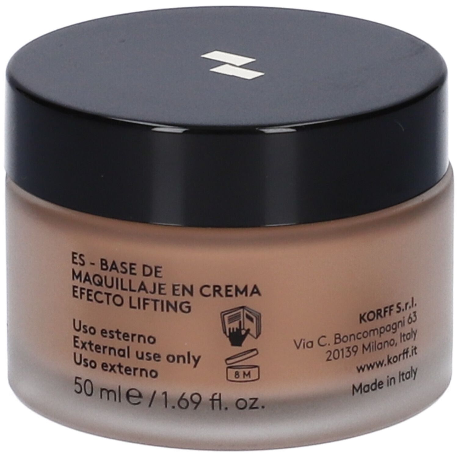 KORFF MK Fondotinta CR Lift 05. Crema marrone in vasetto con coperchio nero. Testo: ES - BASE DE MAQUILLAJE EN CREMA.