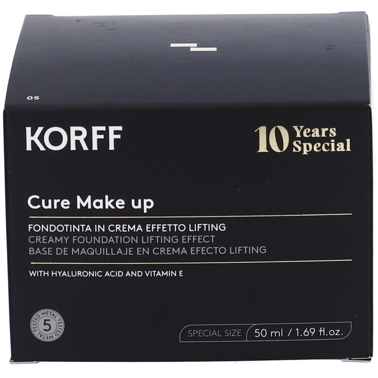 KORFF MK Fondotinta CR Lift 05. Confezione nera. Testo: KORFF, Cure Make up, 10 Years Special, 50 ml.