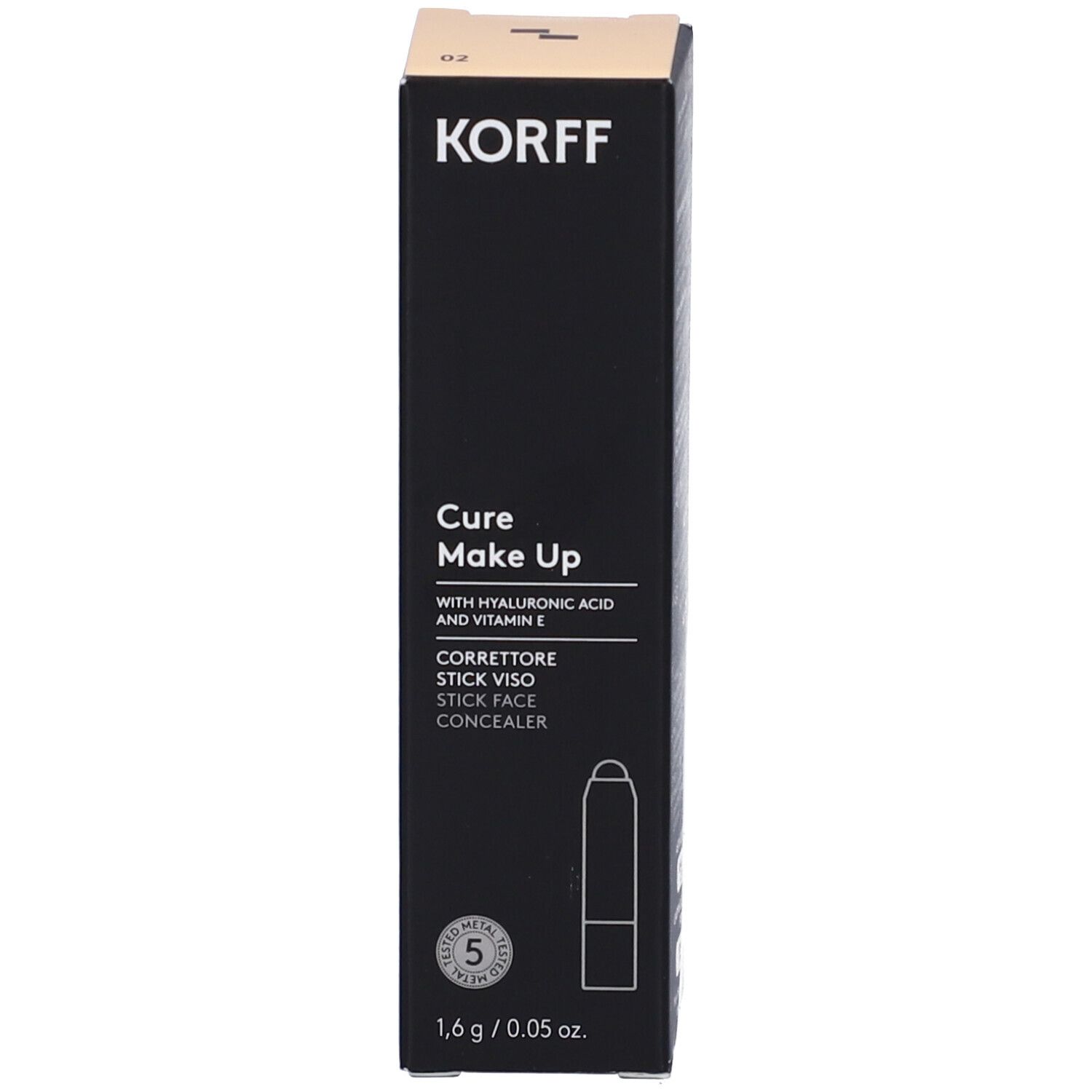 Confezione nera Korff con prodotto. Scritta: Cure Make Up, 02. Illustrazione del prodotto. Testo: CORRETTORE STICK VISO, STICK FACE CONCEALER.