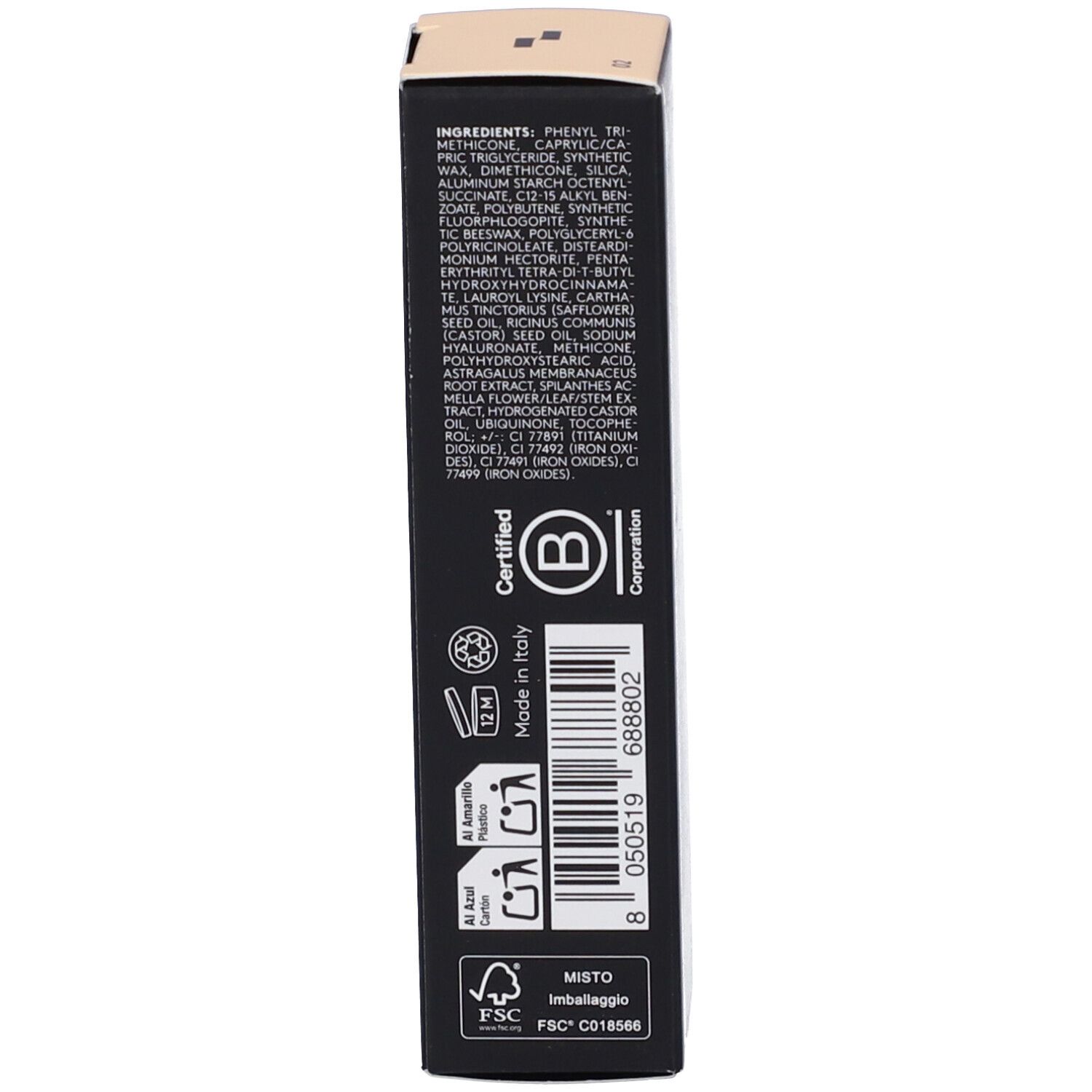 Retro della confezione nera Korff. Ingredienti, certificazioni, informazioni su produzione e utilizzo. Logo FSC.