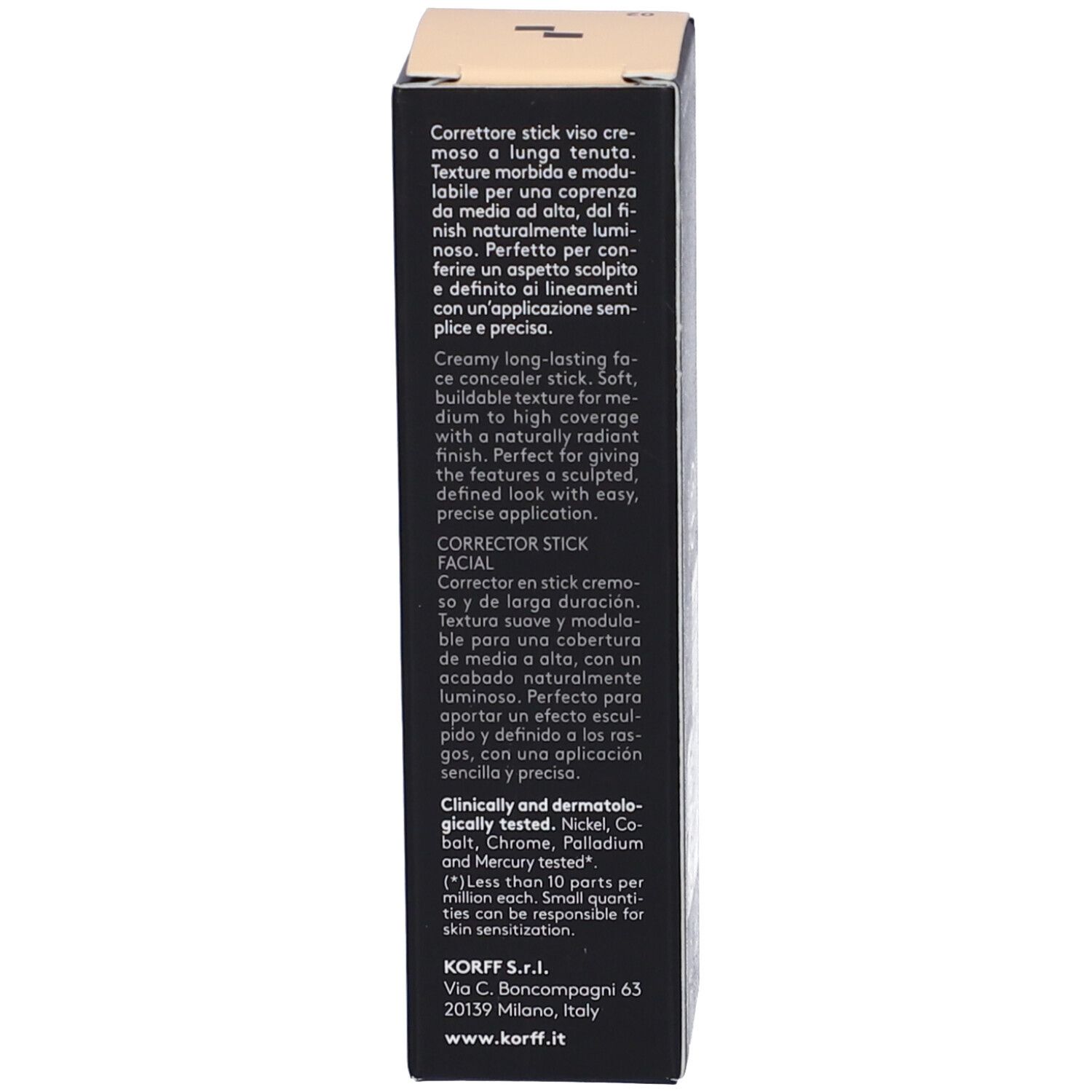 Lato della confezione nera Korff. Descrizione del prodotto, test clinici. Testo: CORRECTOR STICK FACIAL. Nichel, cromo, mercurio testati.