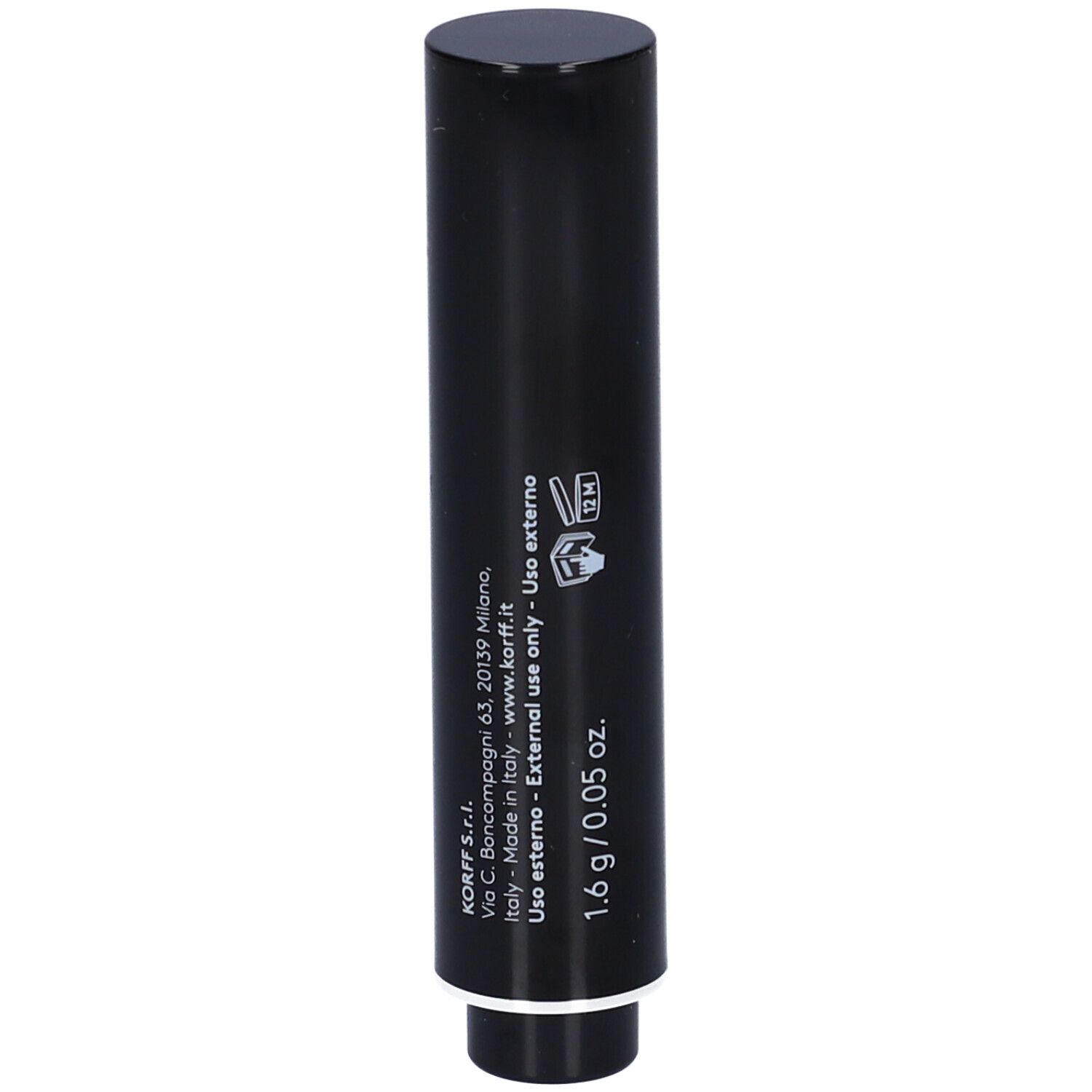 Stick nero con anello argentato in basso. Testo: KORFF S.r.l., Made in Italy, 1.6 g / 0.05 oz.