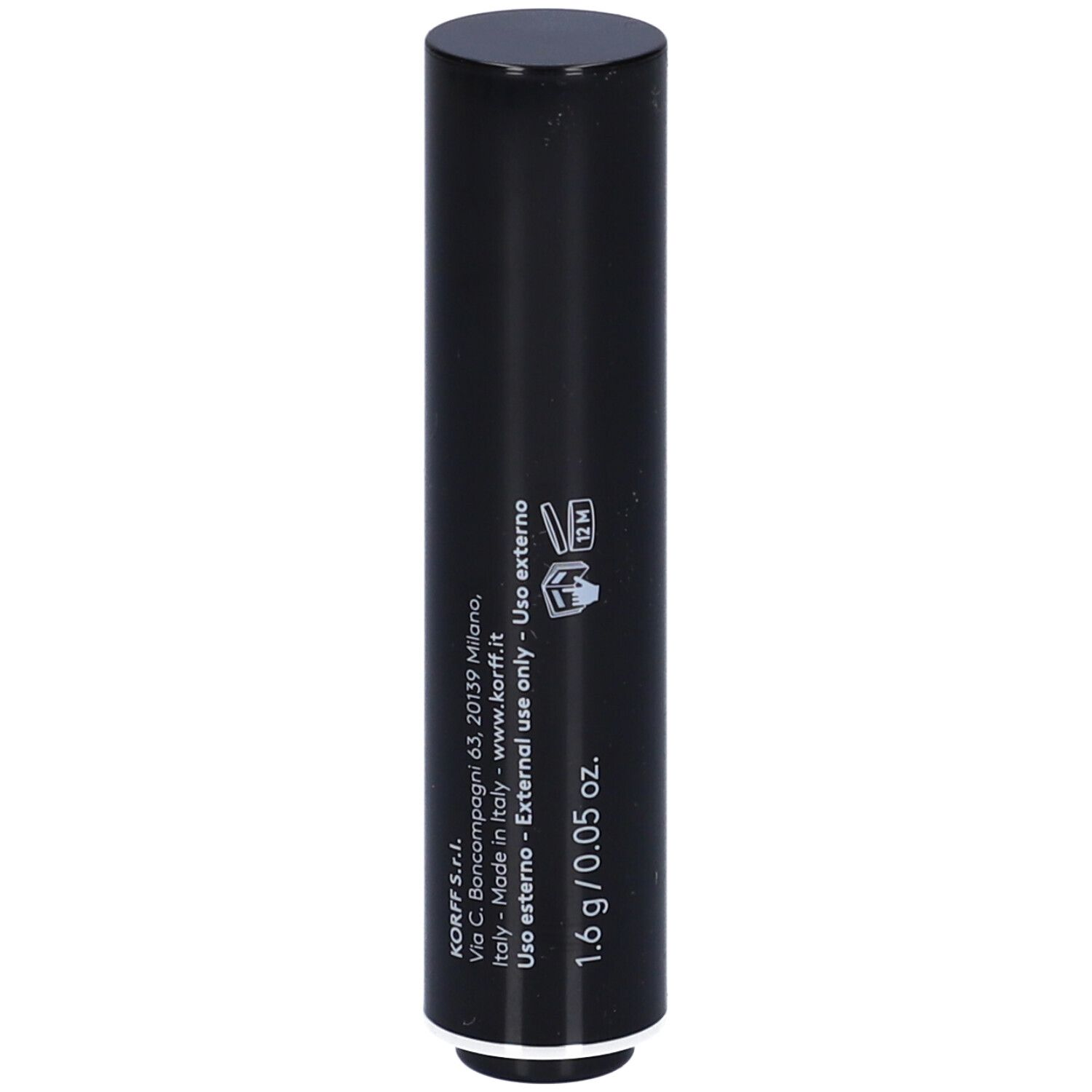 Stick nero Korff. Scritta: 1,6 g / 0,05 oz. Informazioni sulla produzione e l'uso.