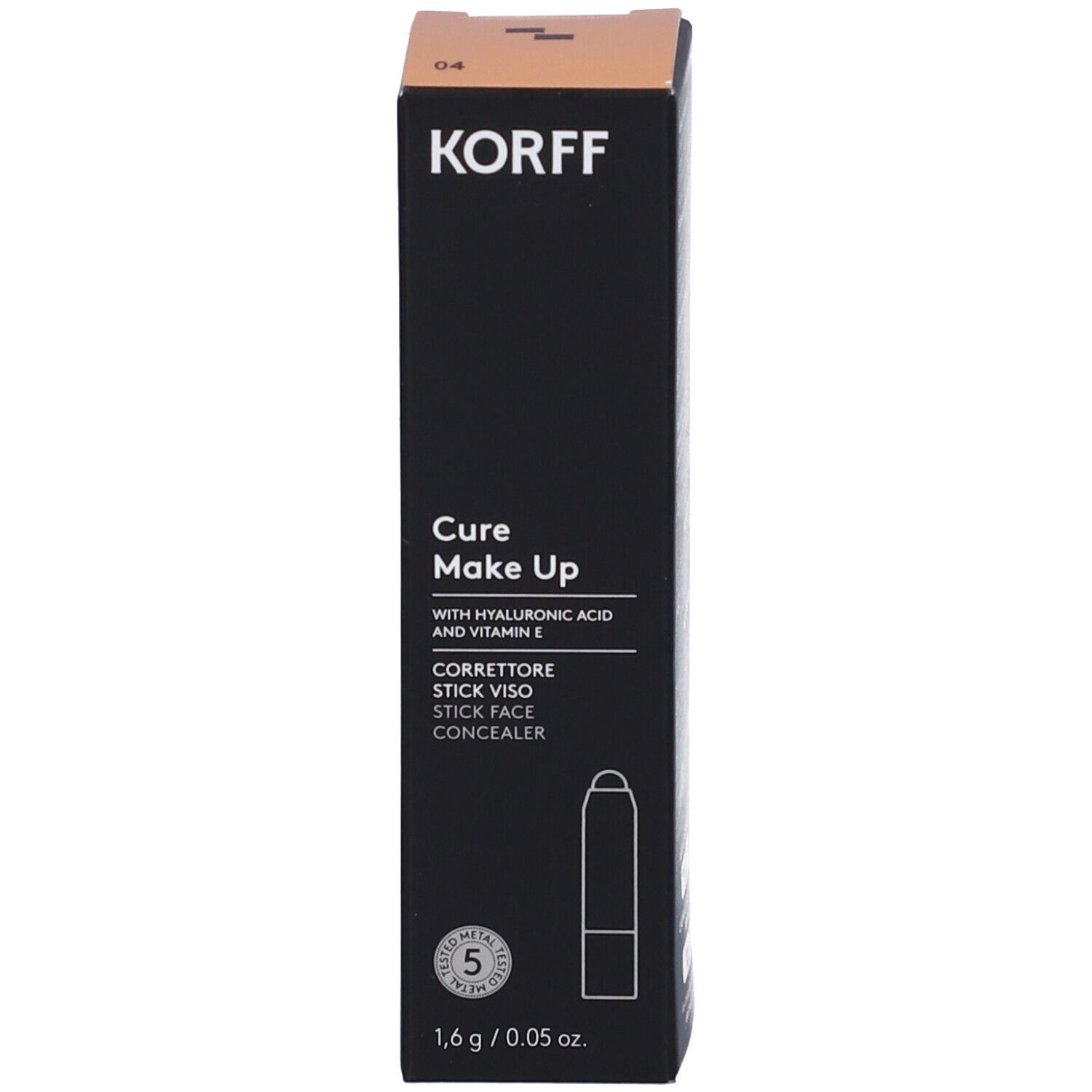 Confezione del correttore Korff Cure Make Up. Scritta: 04. Prodotto e confezione neri e beige.