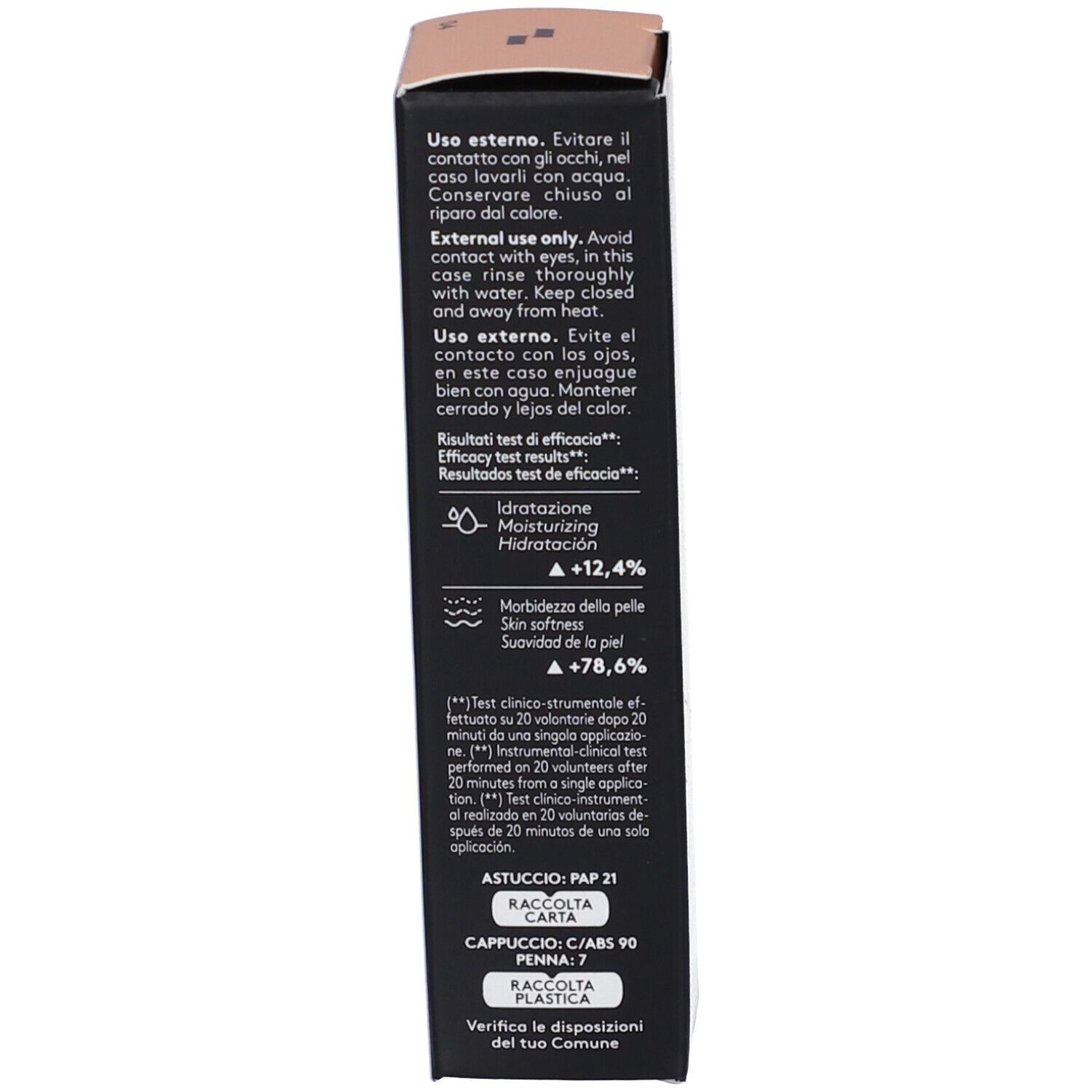 Lato della confezione del correttore Korff Cure Make Up. Informazioni sull'uso e sul riciclaggio.