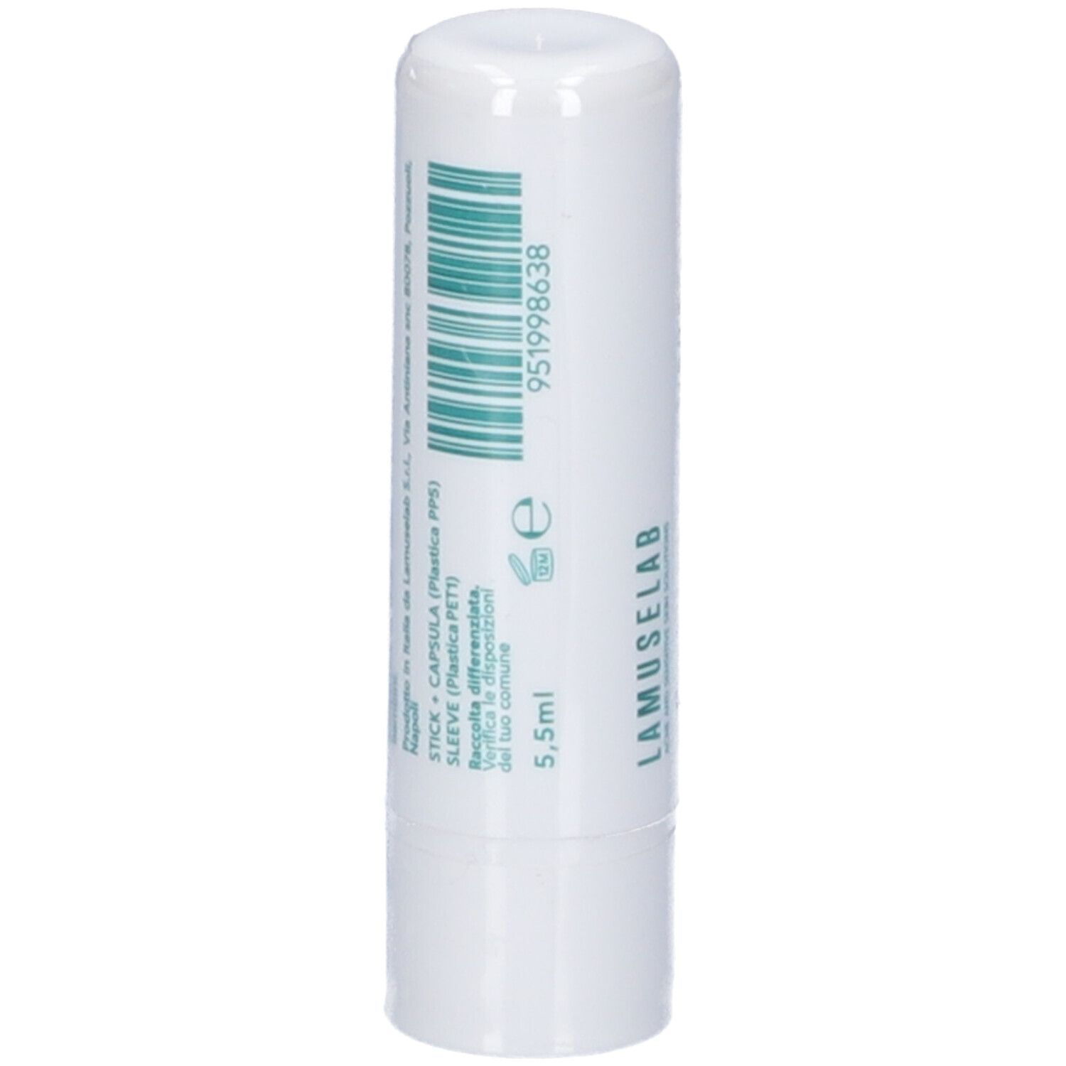 Stick bianco con testo verde. Scritto: 5,5ml. Codice a barre e altre informazioni.