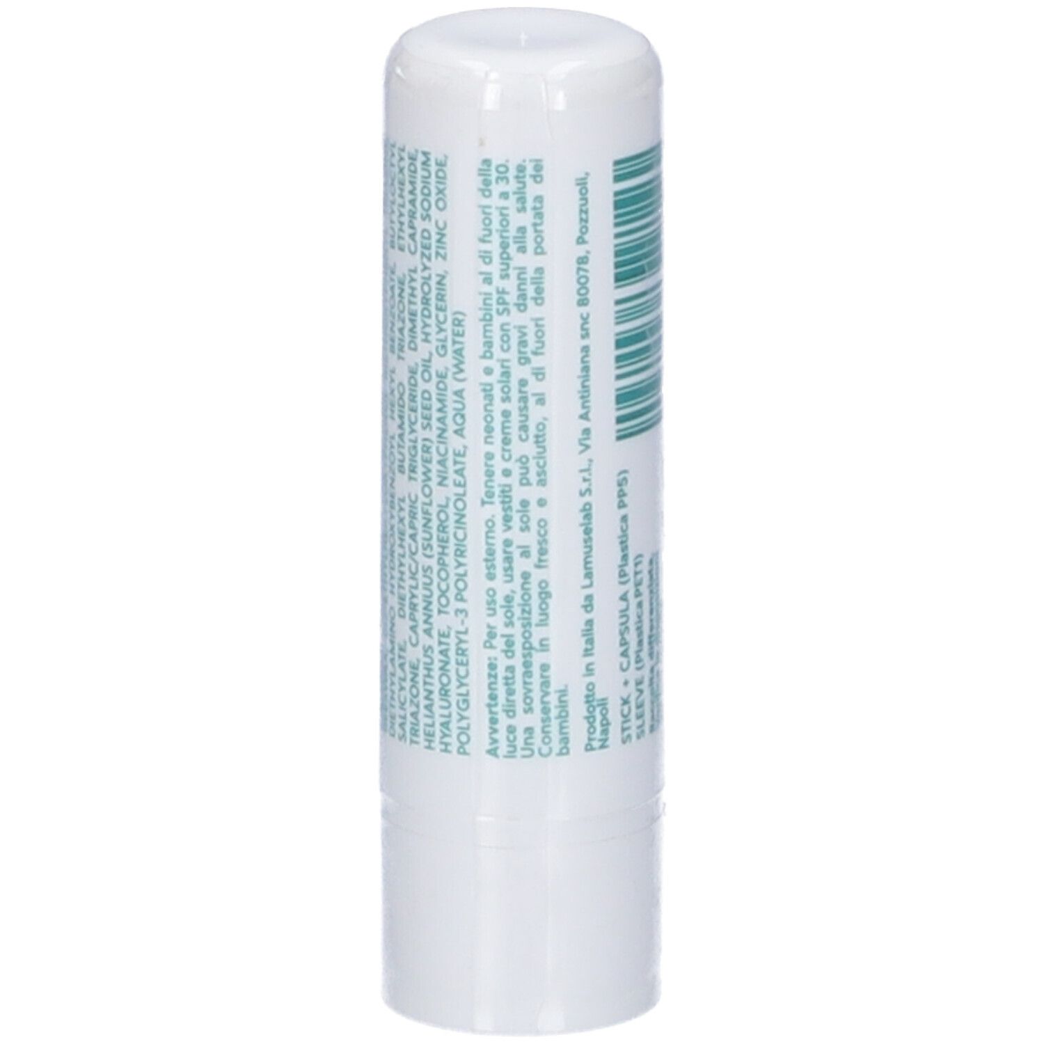 Stick bianco con testo verde. Contiene ingredienti e istruzioni per l'uso.