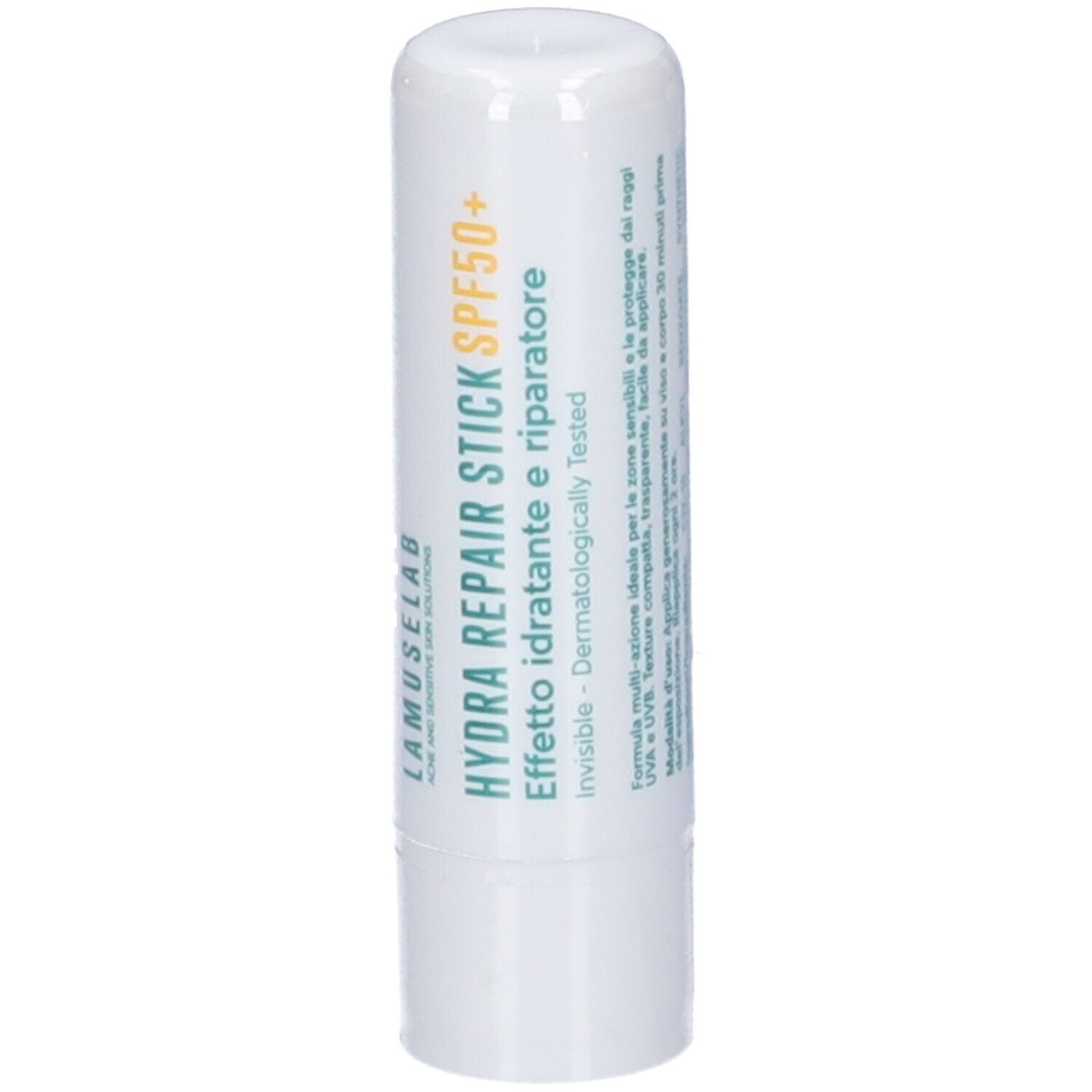 Stick bianco con scritte verdi e gialle. Scritto: Hydra Repair Stick SPF 50+.