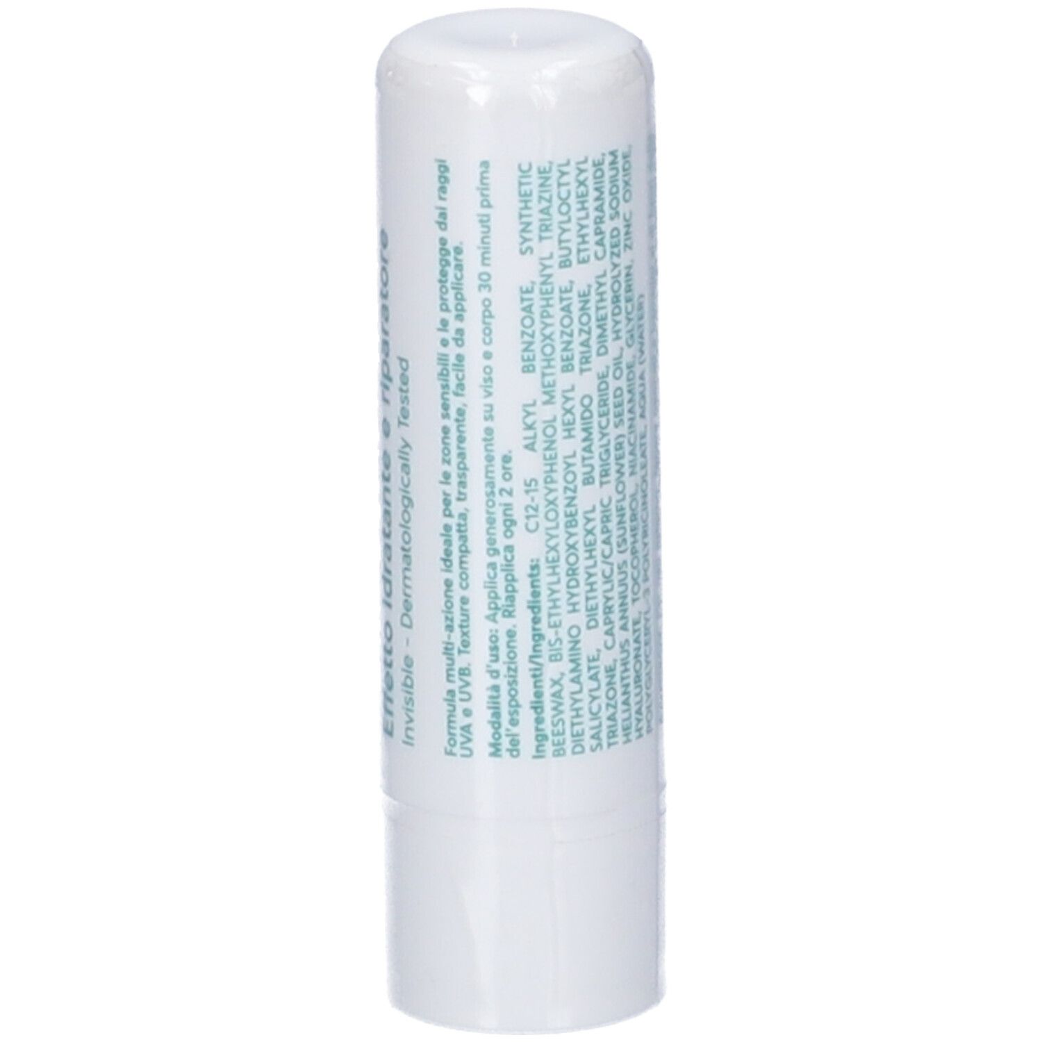 Stick bianco con testo verde. Contiene ingredienti e istruzioni per l'uso.