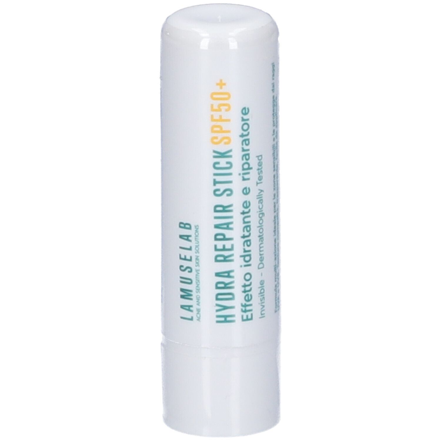 Stick bianco con scritte verdi e gialle. Scritto: Hydra Repair Stick SPF 50+. Marchio: Lamuselab.
