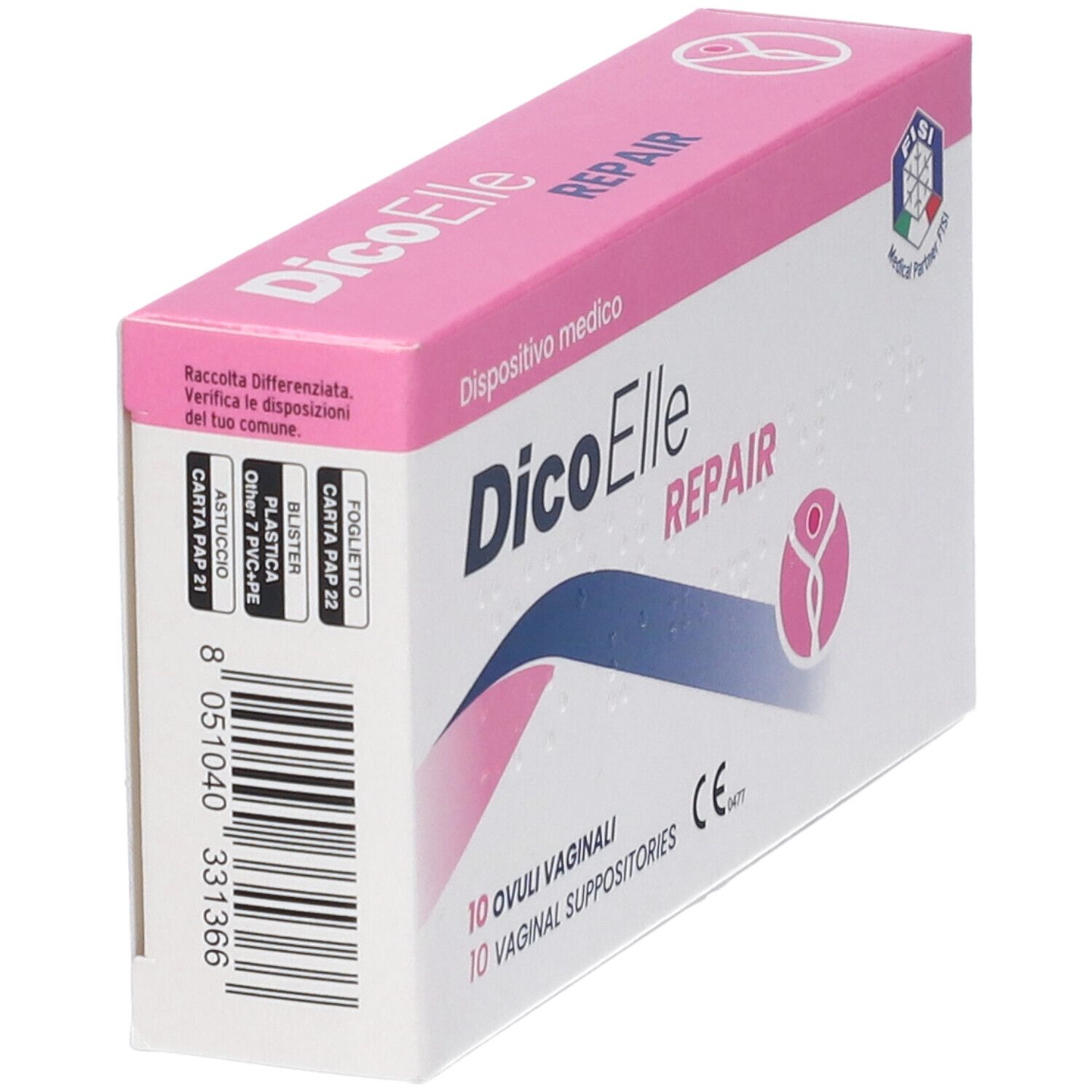 Confezione DicoElle Repair, angolata. Scatola rosa e bianca. 10 ovuli vaginali. Dispositivo medico. Codice a barre.