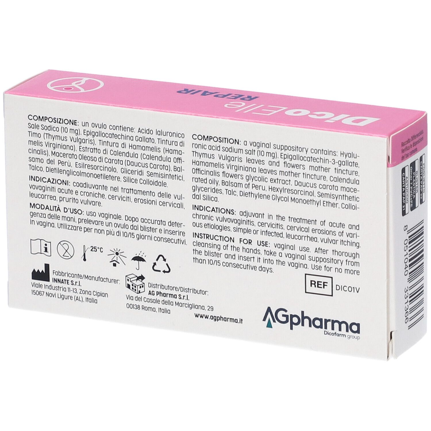 Retro della confezione DicoElle Repair. Testo multilingue. Ingredienti e istruzioni per l'uso.