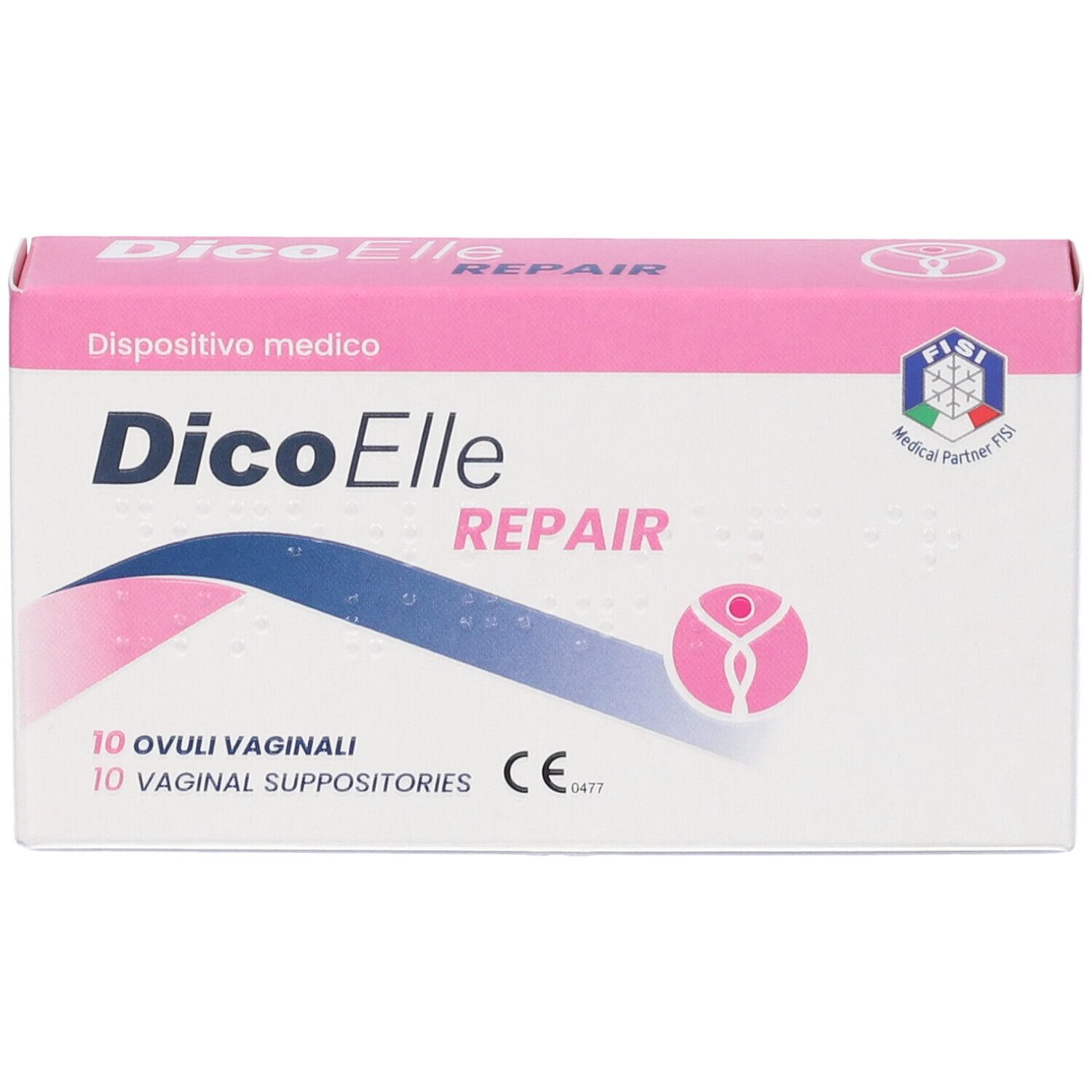 Confezione DicoElle Repair. Scatola rosa e bianca. 10 ovuli vaginali. Dispositivo medico. Marchio CE.