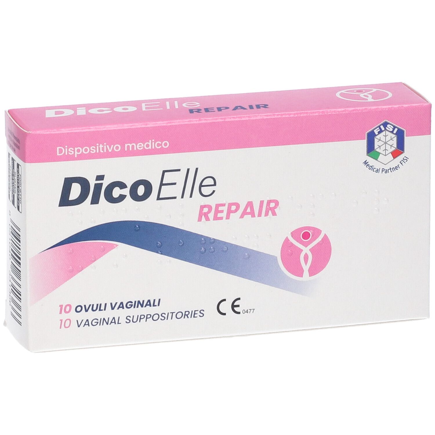 Confezione DicoElle Repair. Scatola rosa e bianca. 10 ovuli vaginali. Dispositivo medico. Marchio CE.