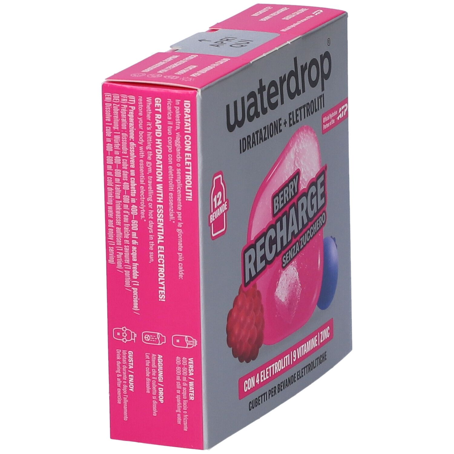 Confezione Waterdrop Berry Recharge cubetti elettrolitici, vista laterale con istruzioni d'uso e ingredienti.